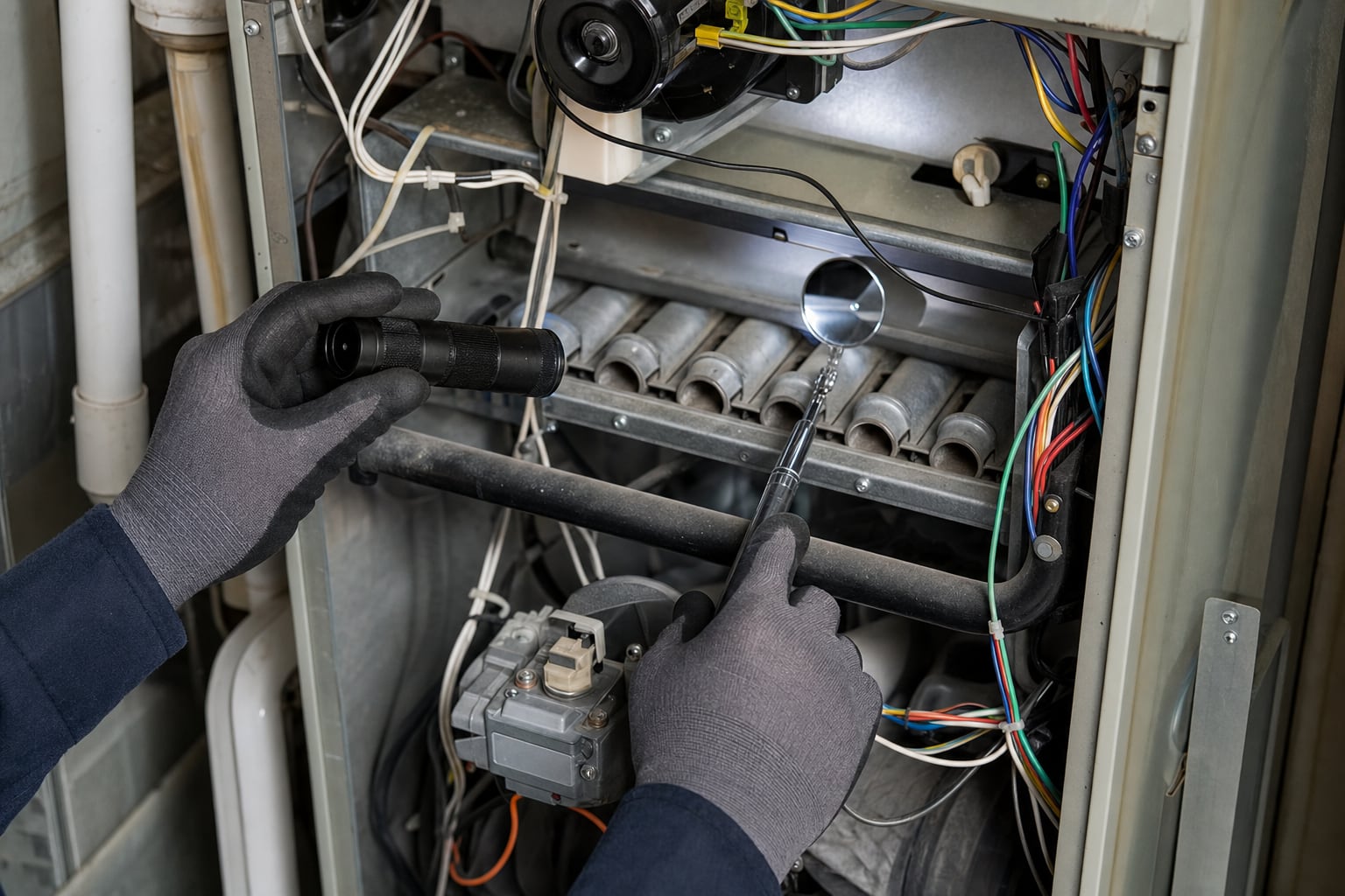 Technician inspecting internal gas furnace components with a flashlight and inspection mirror