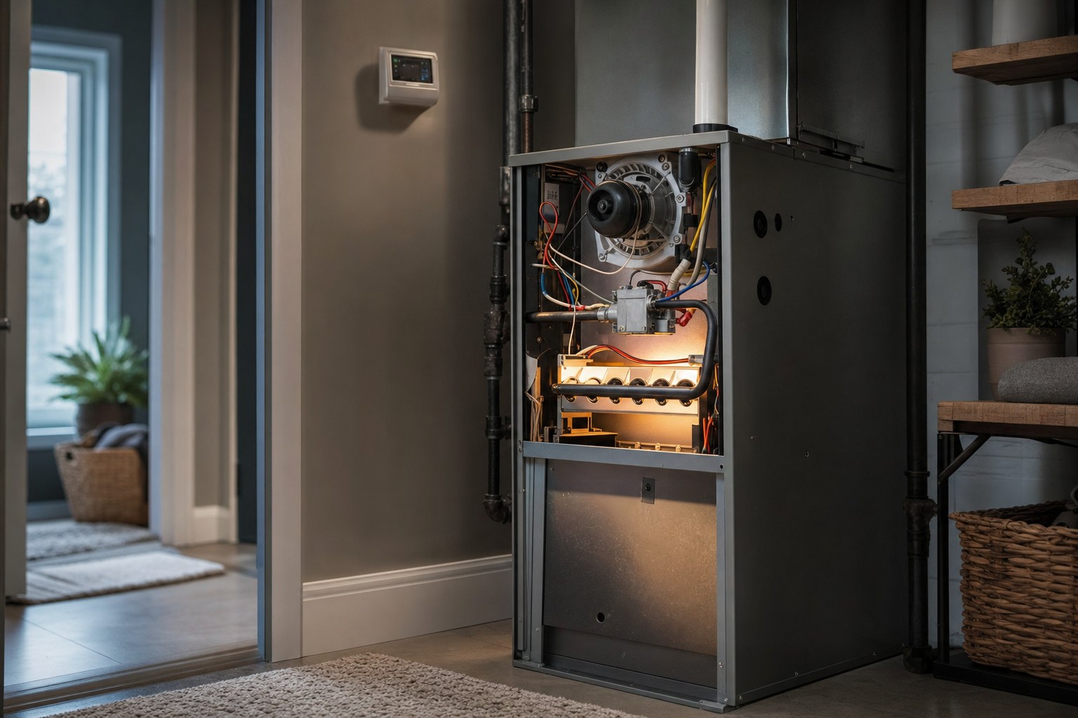 Open residential gas furnace in a clean utility room