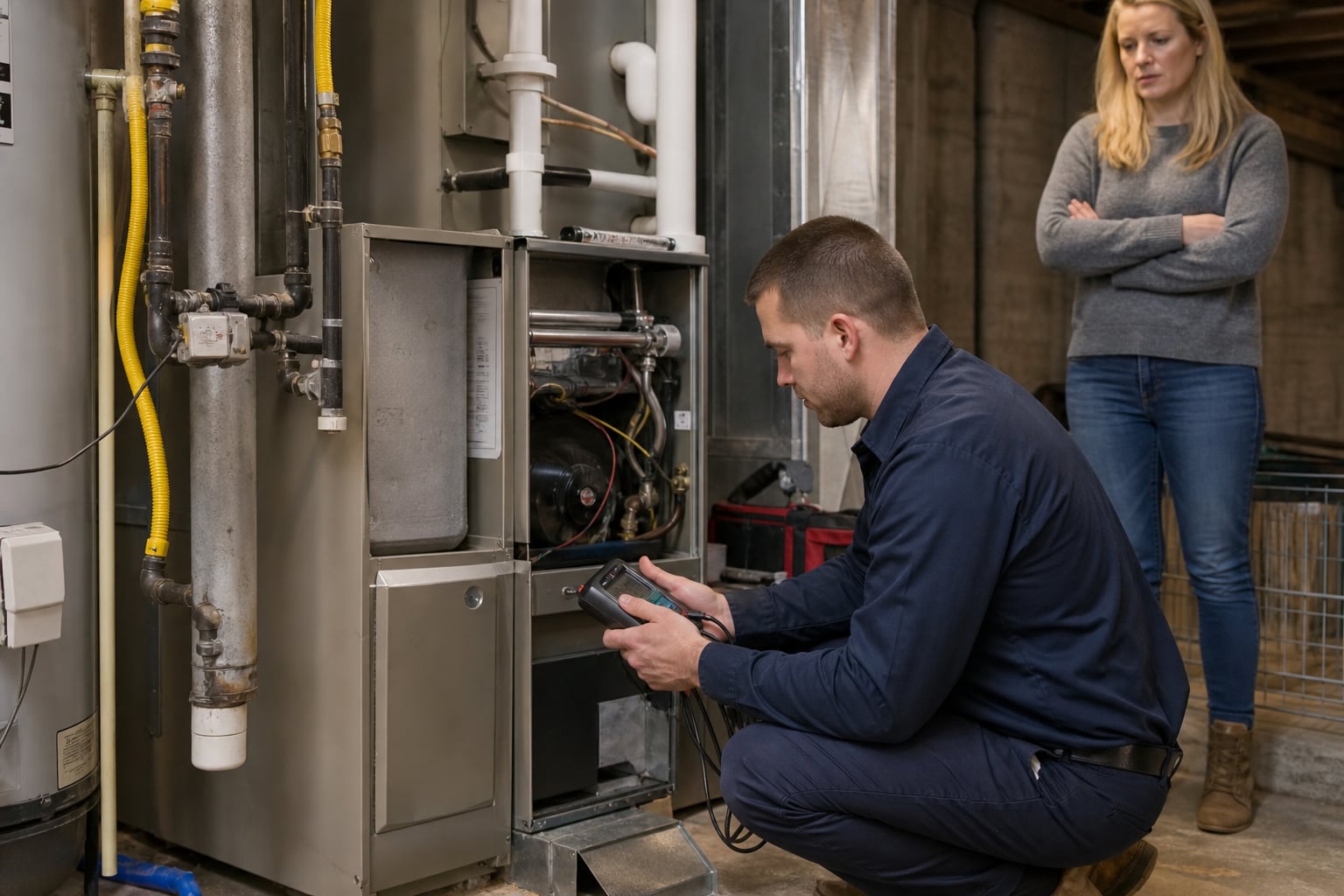 HVAC technician diagnosing a residential furnace while a homeowner looks on