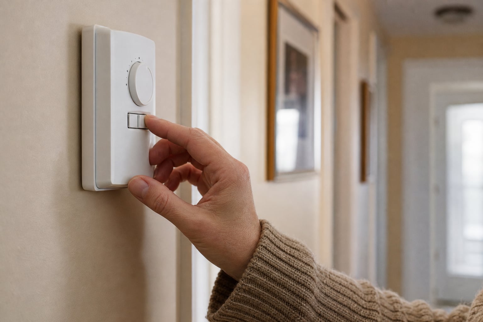 Homeowner checking a wall thermostat before starting a furnace