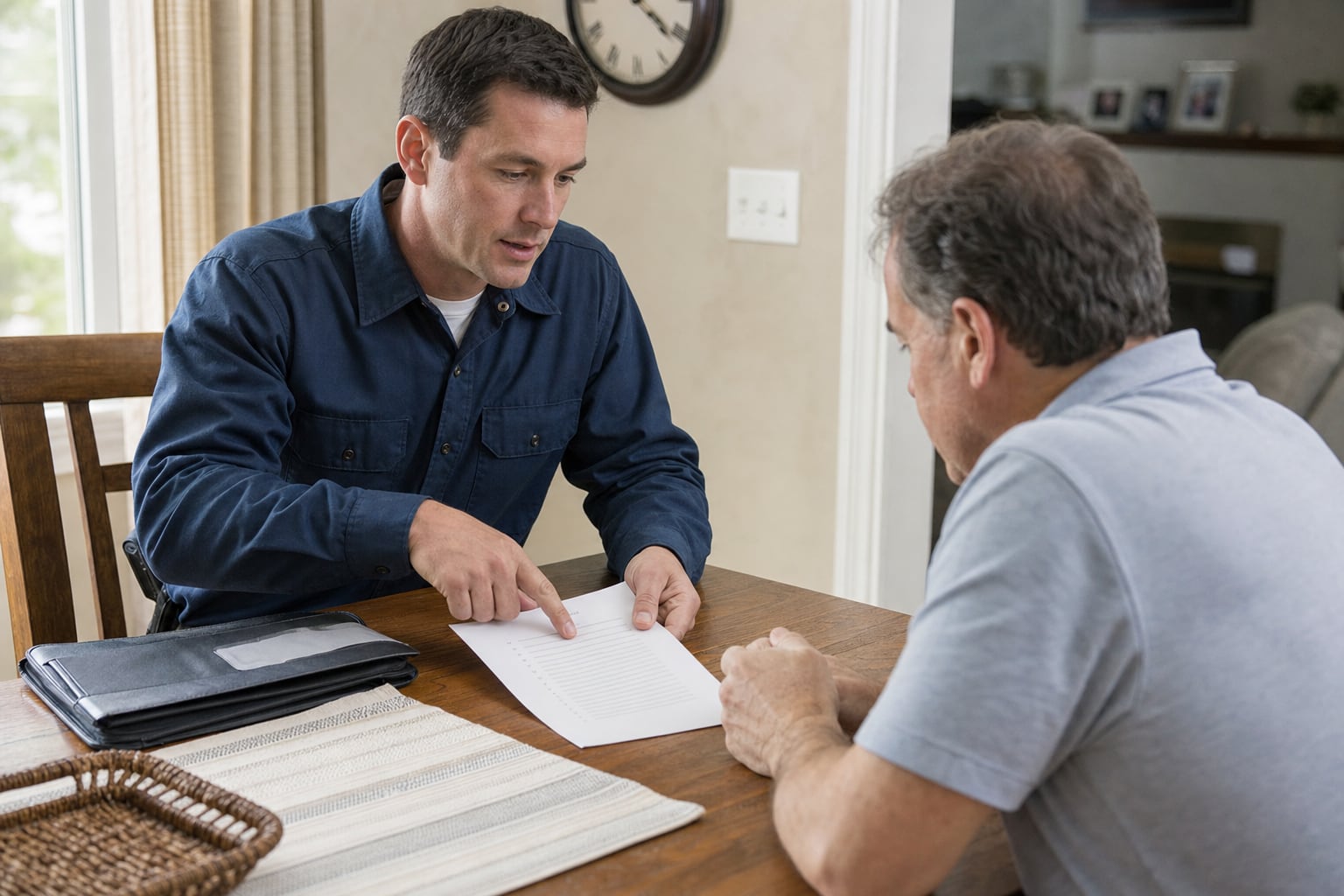 HVAC technician explaining a maintenance checklist to a homeowner at a table