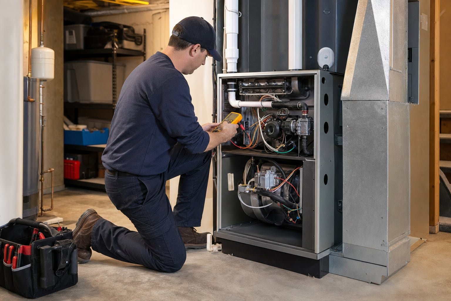 HVAC technician performing a furnace tune-up in a home utility room