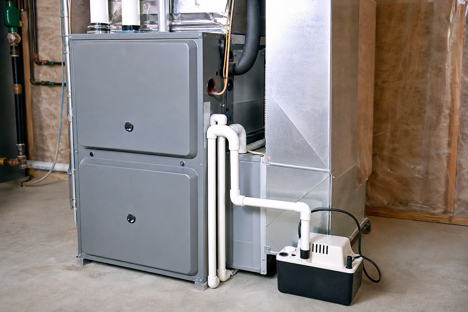 Condensate drain tubing and pump beside a high-efficiency furnace