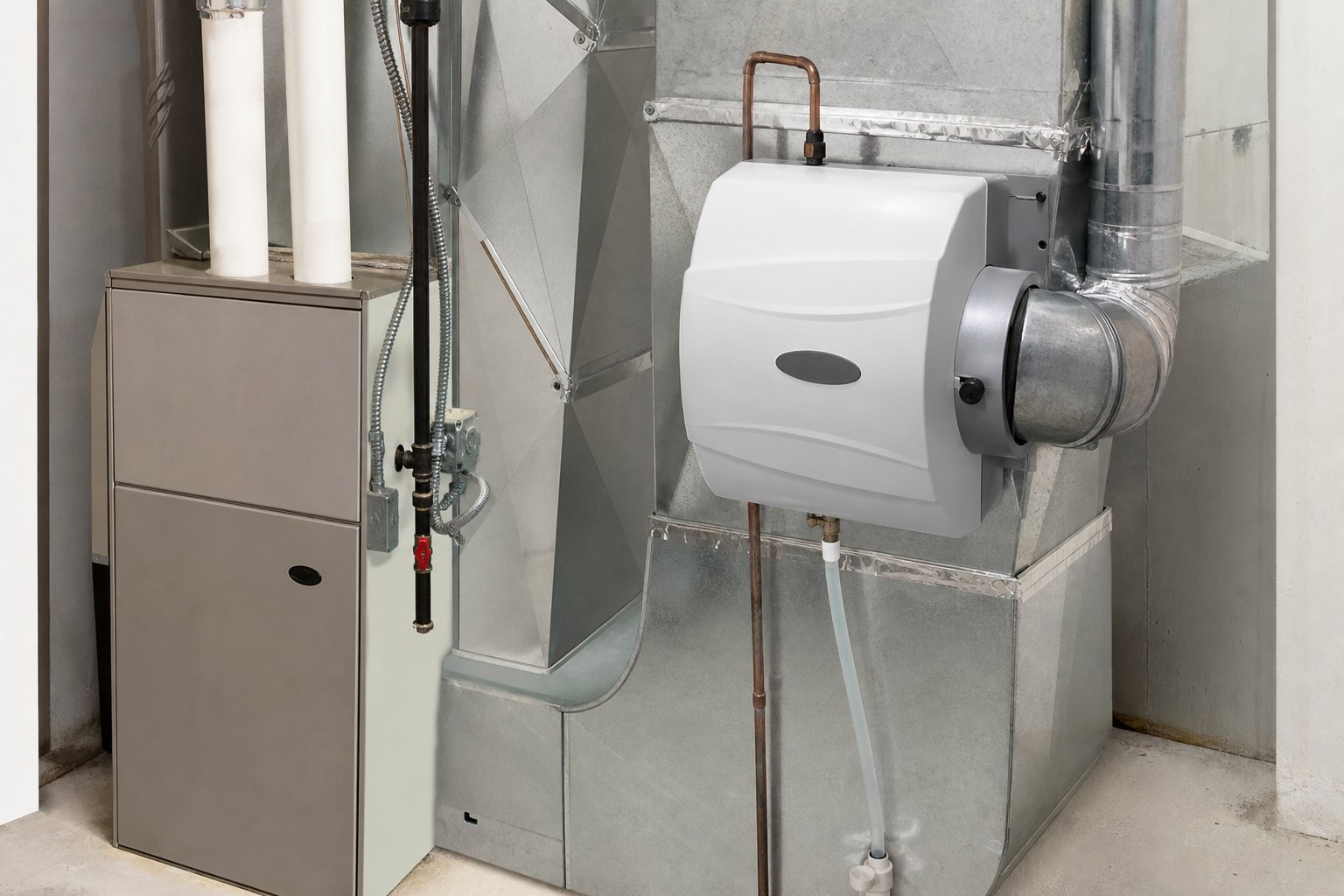 Whole-home humidifier mounted beside residential furnace ductwork