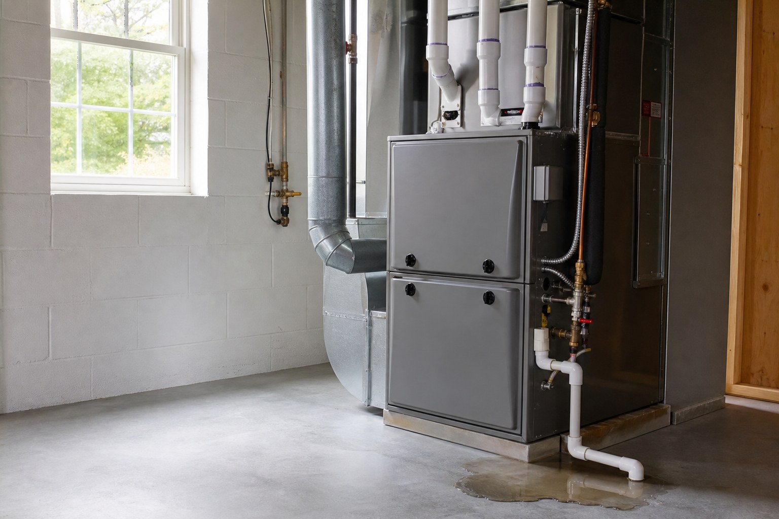High-efficiency furnace with a small puddle near its condensate drain