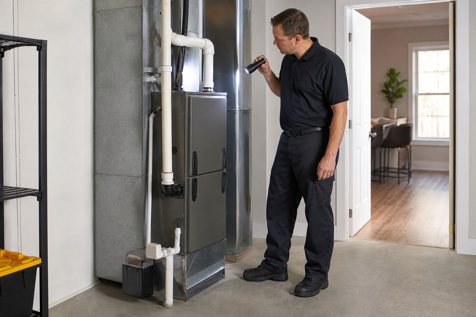 HVAC technician inspecting a high-efficiency residential furnace