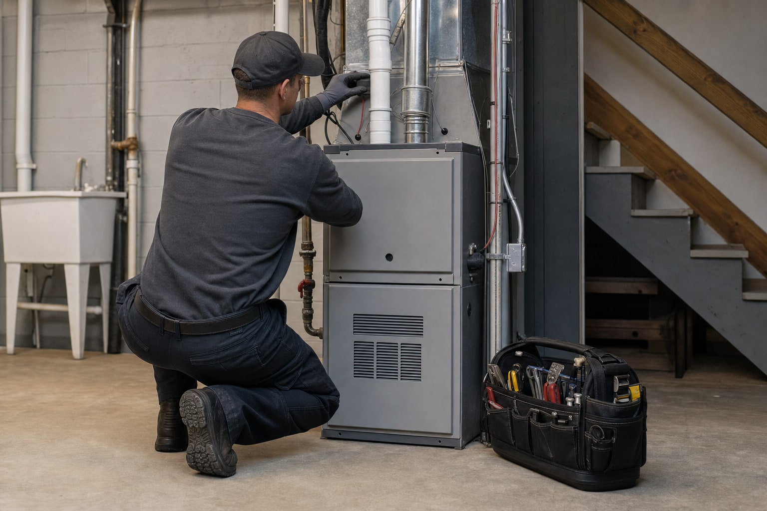 HVAC technician inspecting a residential furnace