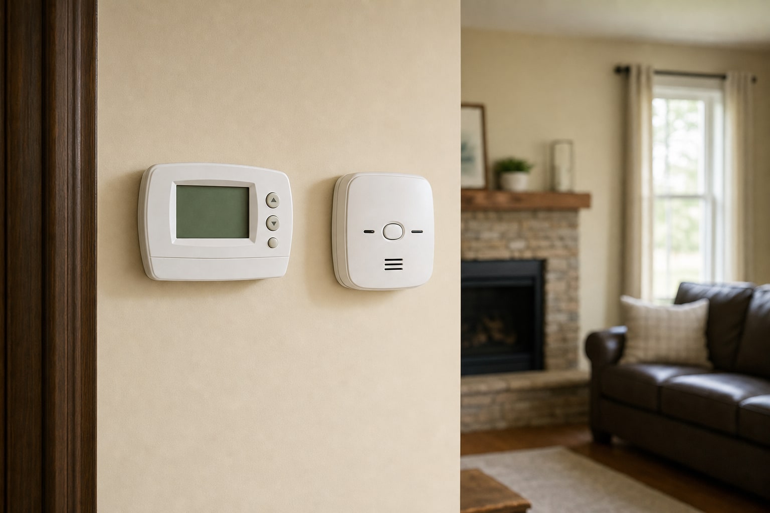 Thermostat and carbon monoxide alarm on a home wall
