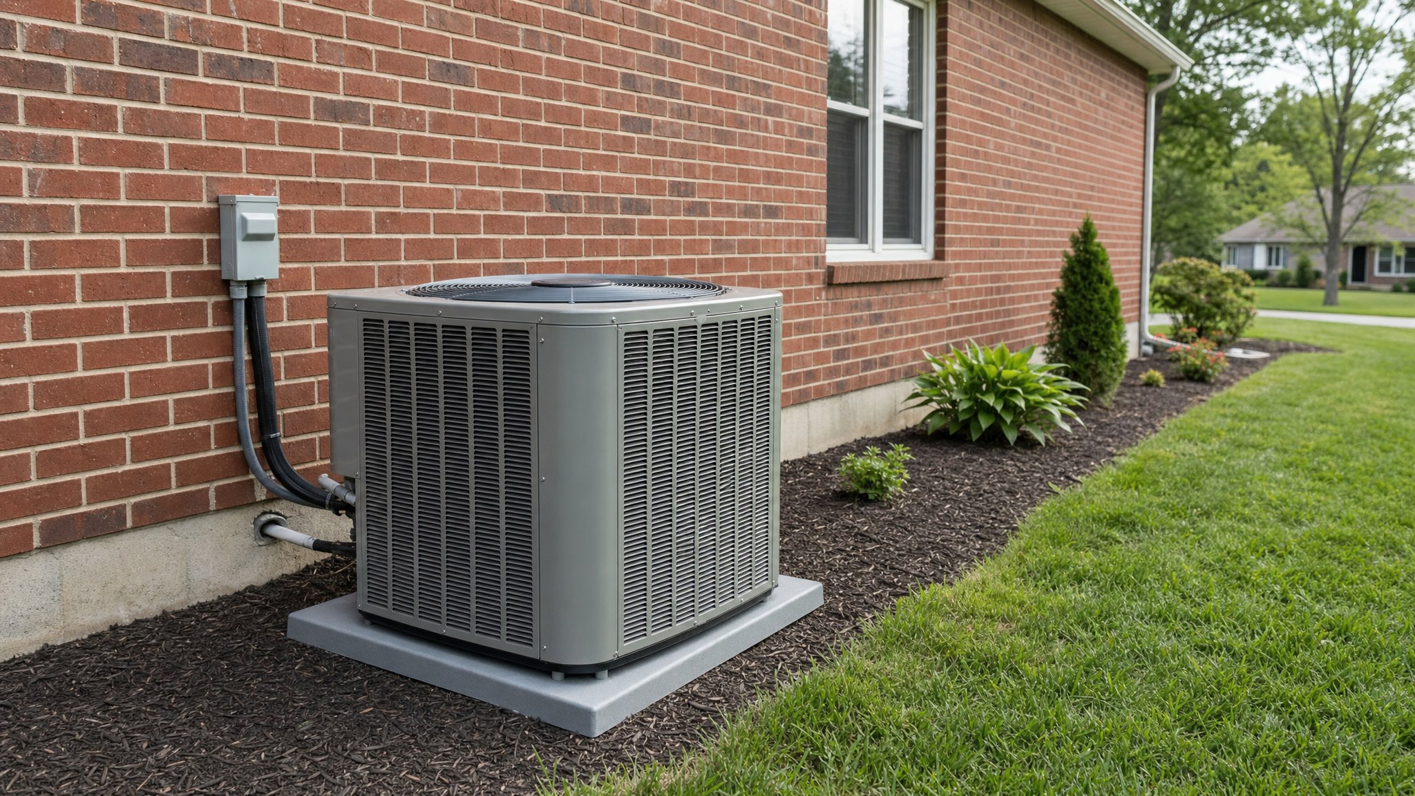 New outdoor air conditioning unit beside a brick home