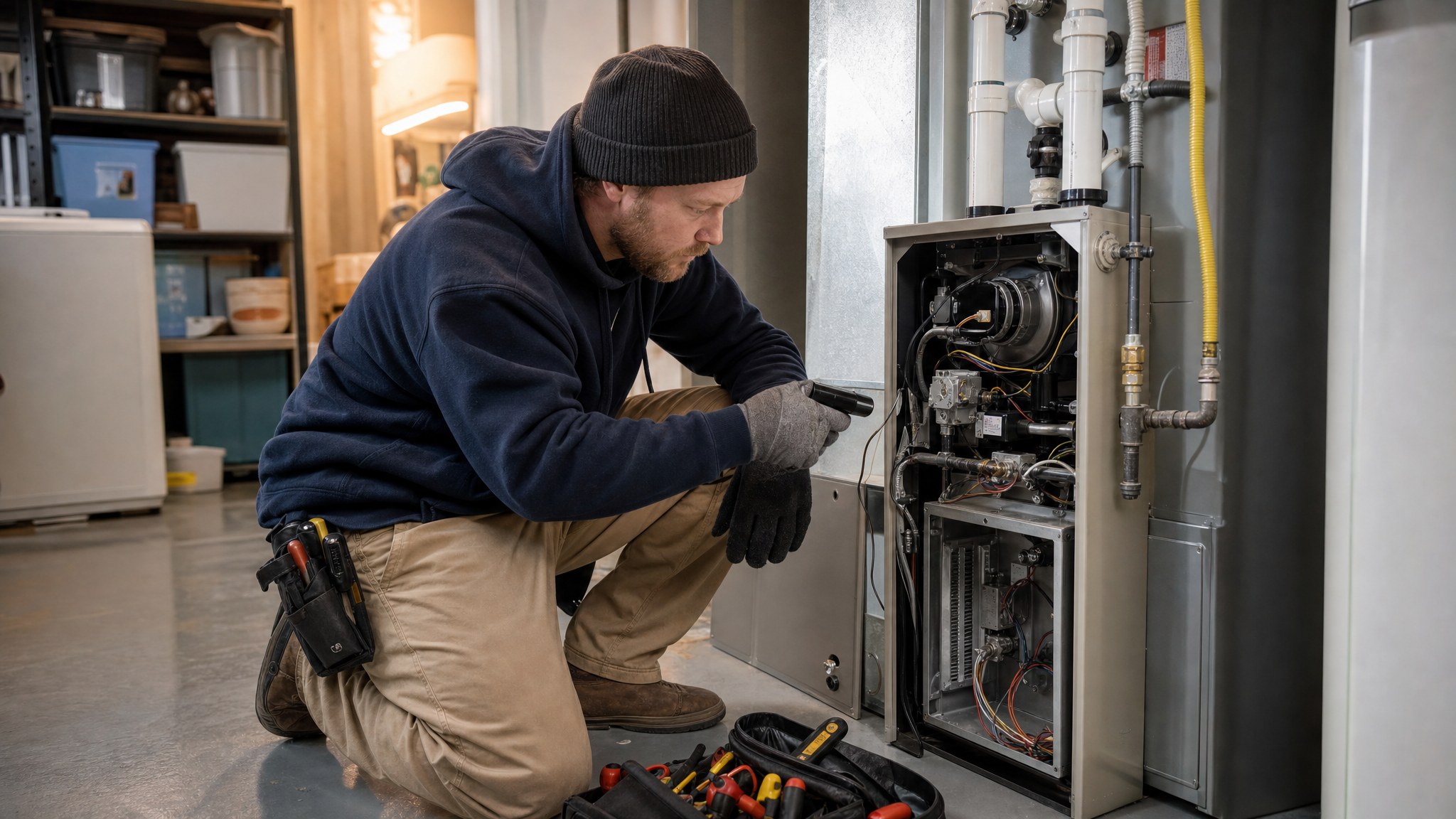 HVAC technician diagnosing an open residential gas furnace