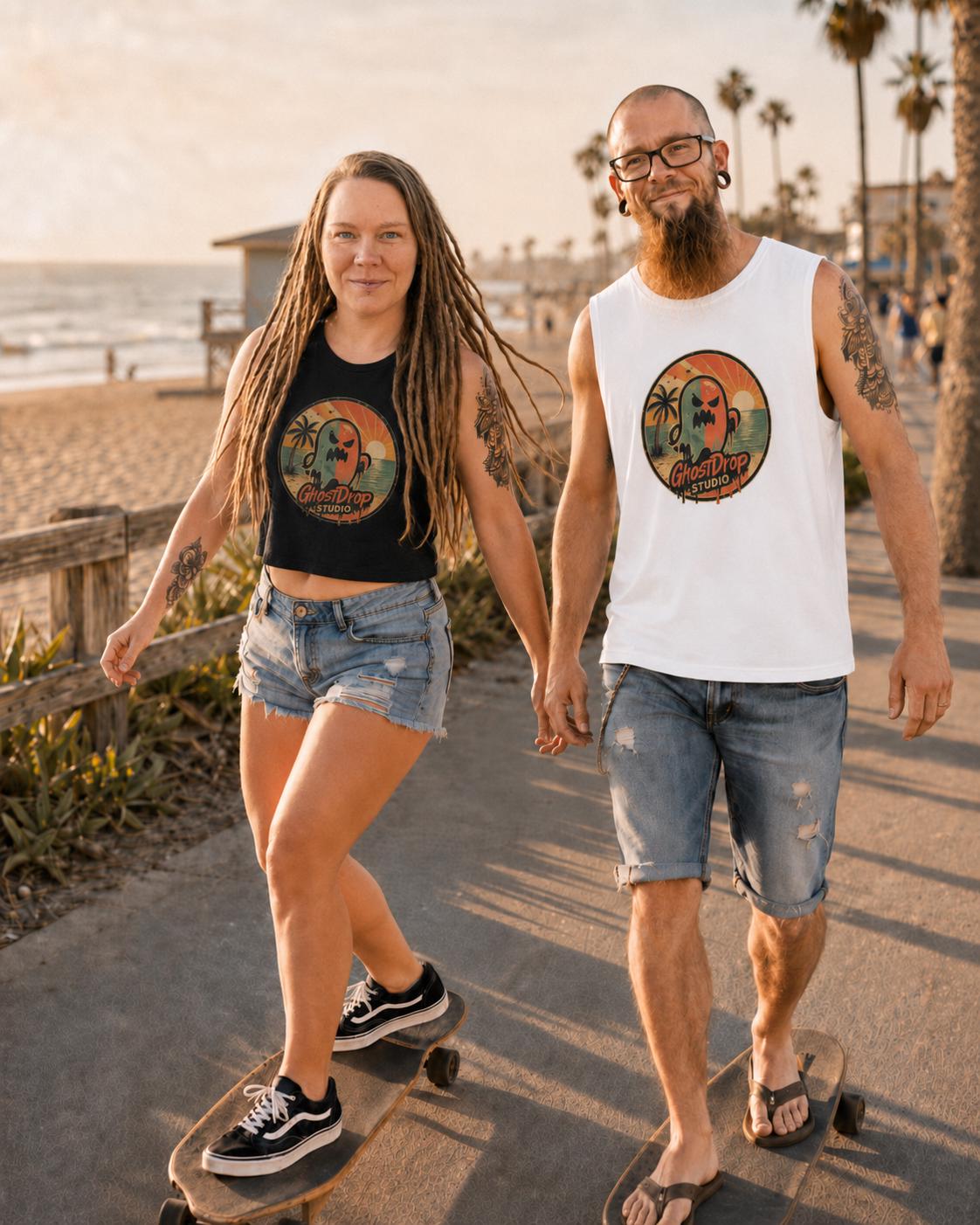 Spooky Beach Tank Top, Retro Ghost Muscle Shirt, Summerween Shirt, Halloween Vacation Tank, GhostDrop Studio Tee