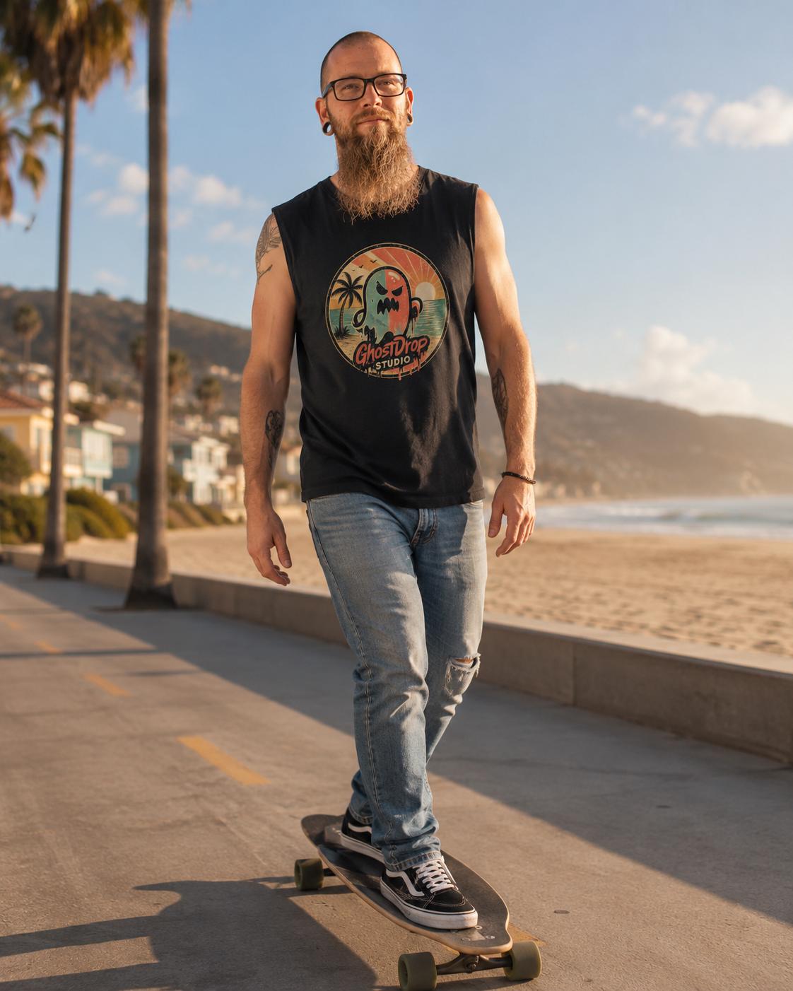Spooky Beach Tank Top, Retro Ghost Muscle Shirt, Summerween Shirt, Halloween Vacation Tank, GhostDrop Studio Tee, product image 2
