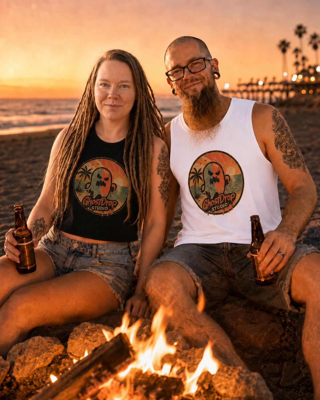 Spooky Beach Tank Top, Retro Ghost Muscle Shirt, Summerween Shirt, Halloween Vacation Tank, GhostDrop Studio Tee, product image 3