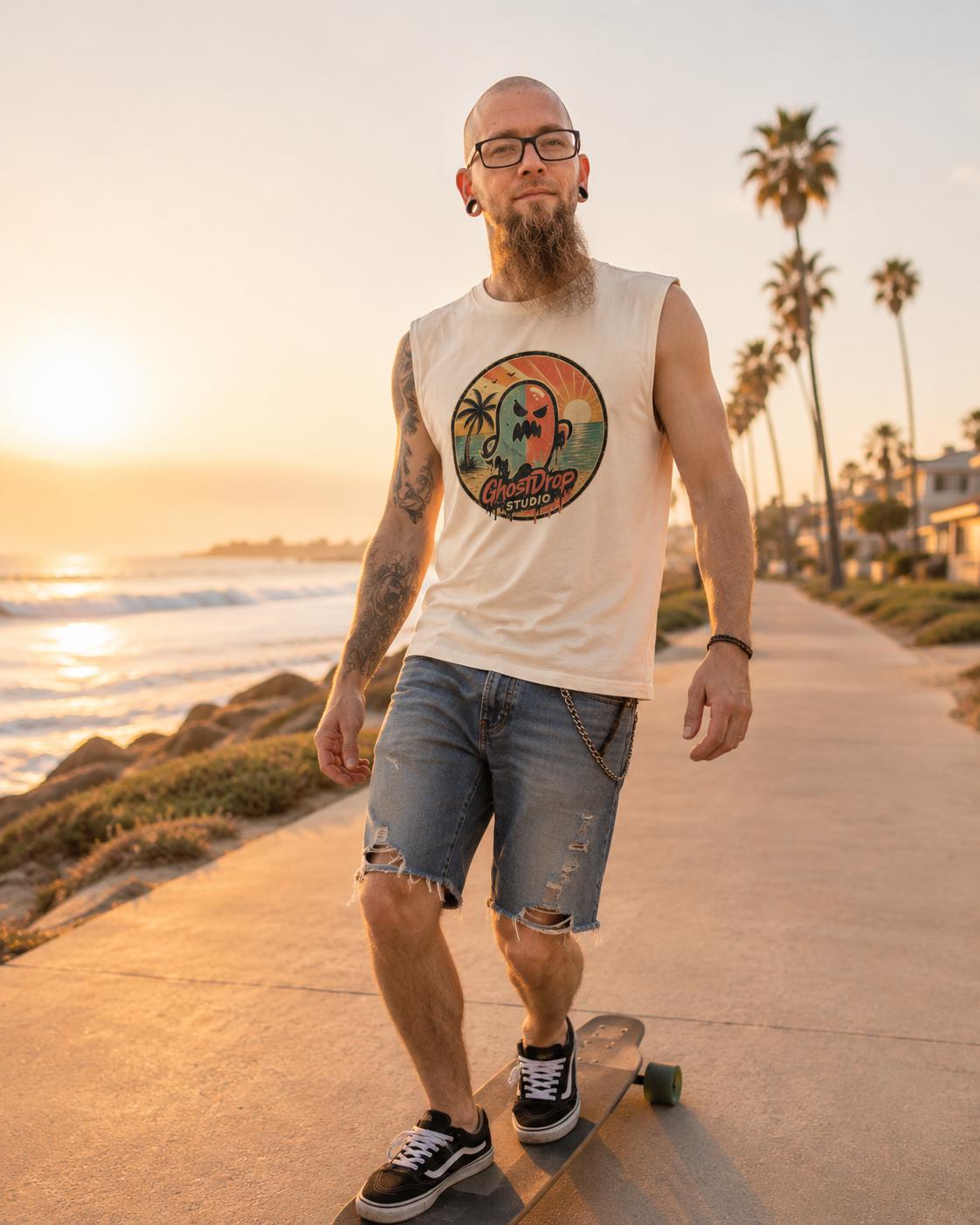 Spooky Beach Tank Top, Retro Ghost Muscle Shirt, Summerween Shirt, Halloween Vacation Tank, GhostDrop Studio Tee, product image 4