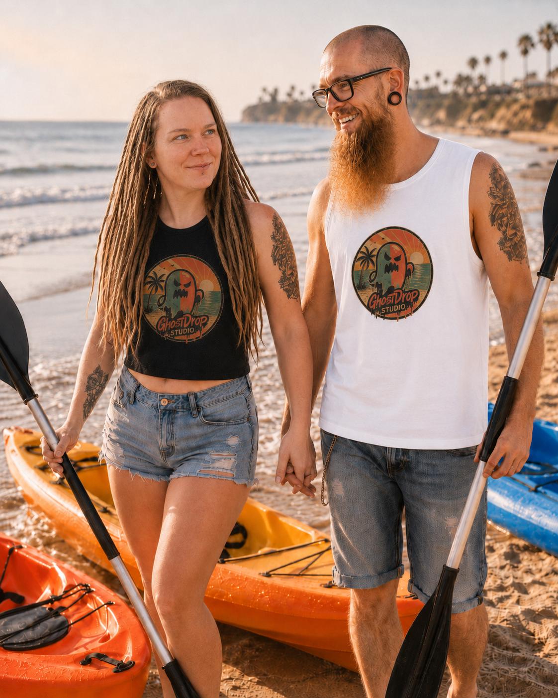 Spooky Beach Tank Top, Retro Ghost Muscle Shirt, Summerween Shirt, Halloween Vacation Tank, GhostDrop Studio Tee, product image 5