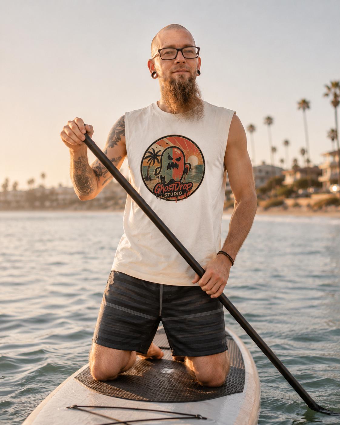 Spooky Beach Tank Top, Retro Ghost Muscle Shirt, Summerween Shirt, Halloween Vacation Tank, GhostDrop Studio Tee, product image 6