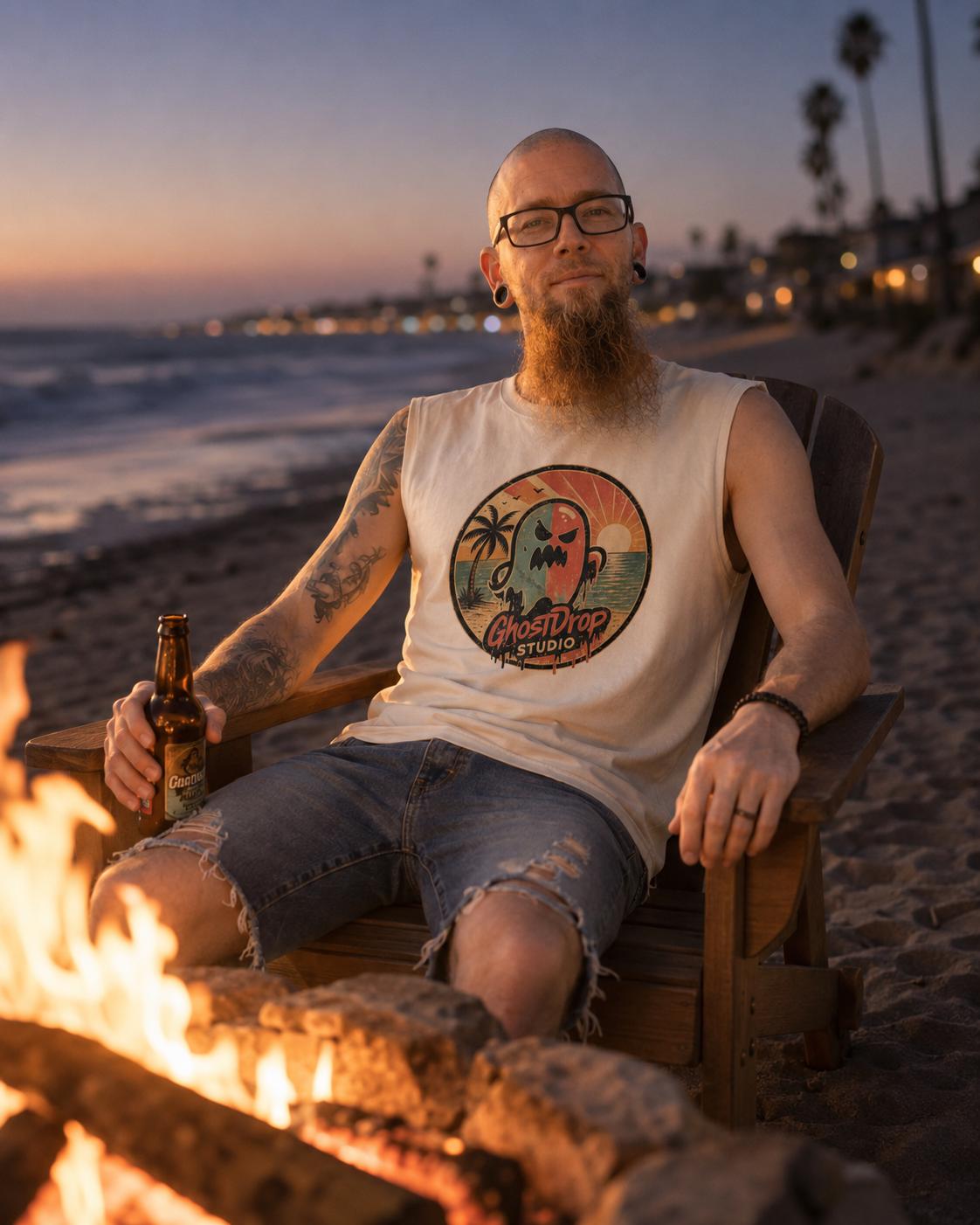 Spooky Beach Tank Top, Retro Ghost Muscle Shirt, Summerween Shirt, Halloween Vacation Tank, GhostDrop Studio Tee, product image 7