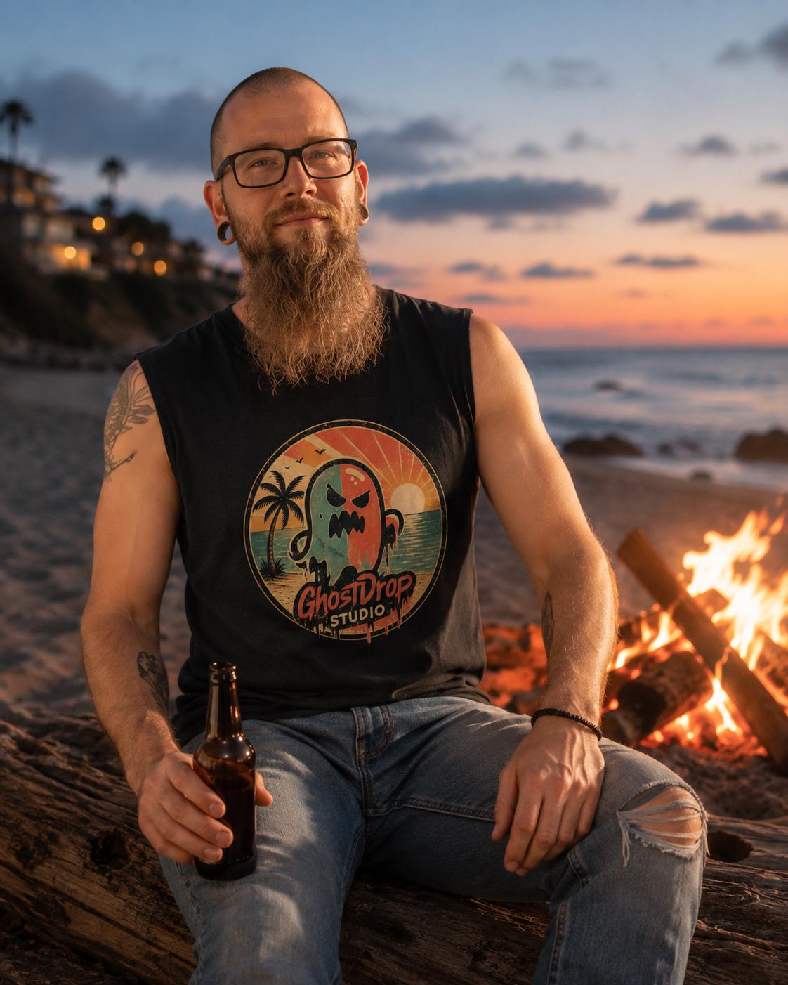 Spooky Beach Tank Top, Retro Ghost Muscle Shirt, Summerween Shirt, Halloween Vacation Tank, GhostDrop Studio Tee, product image 8