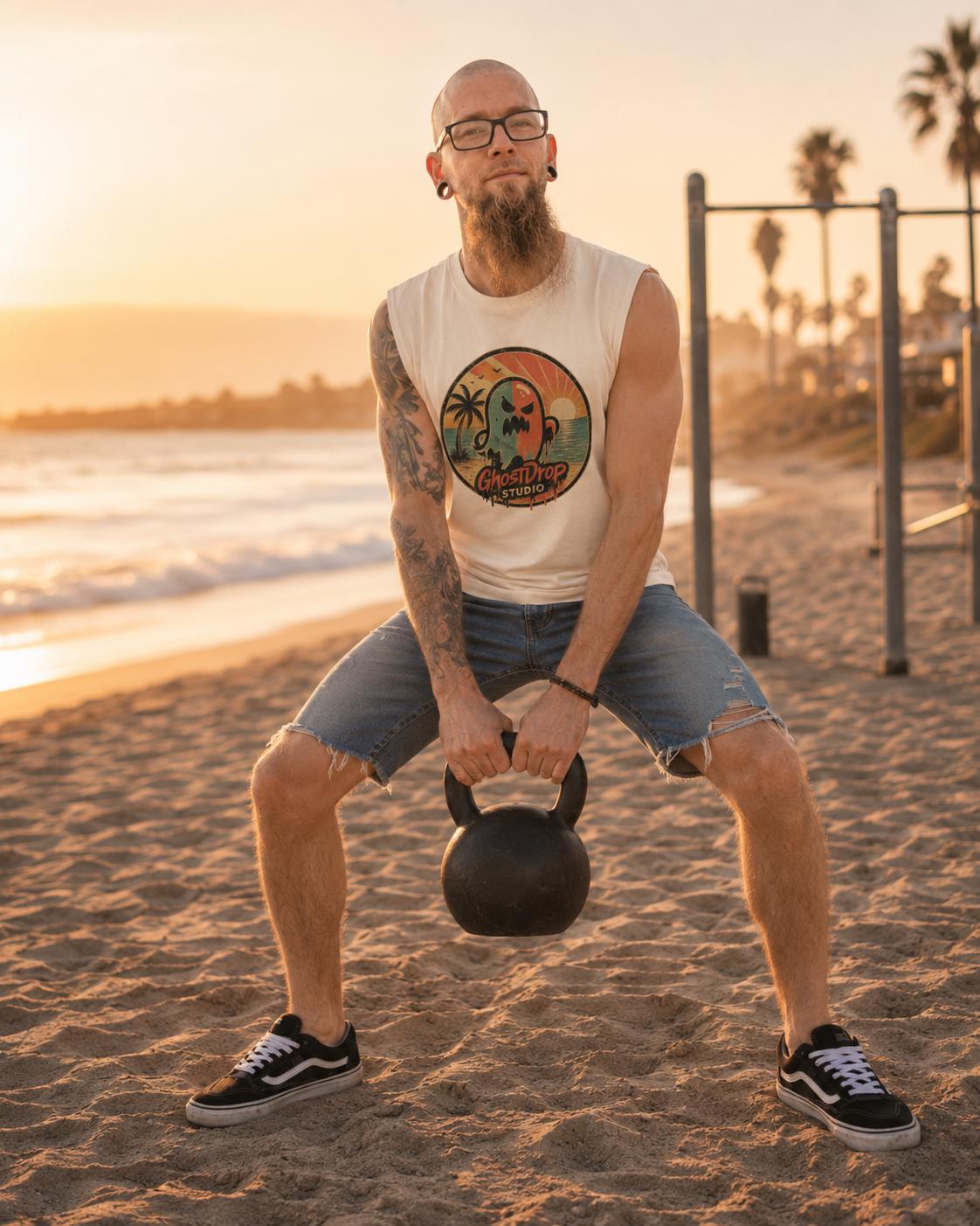 Spooky Beach Tank Top, Retro Ghost Muscle Shirt, Summerween Shirt, Halloween Vacation Tank, GhostDrop Studio Tee, product image 10