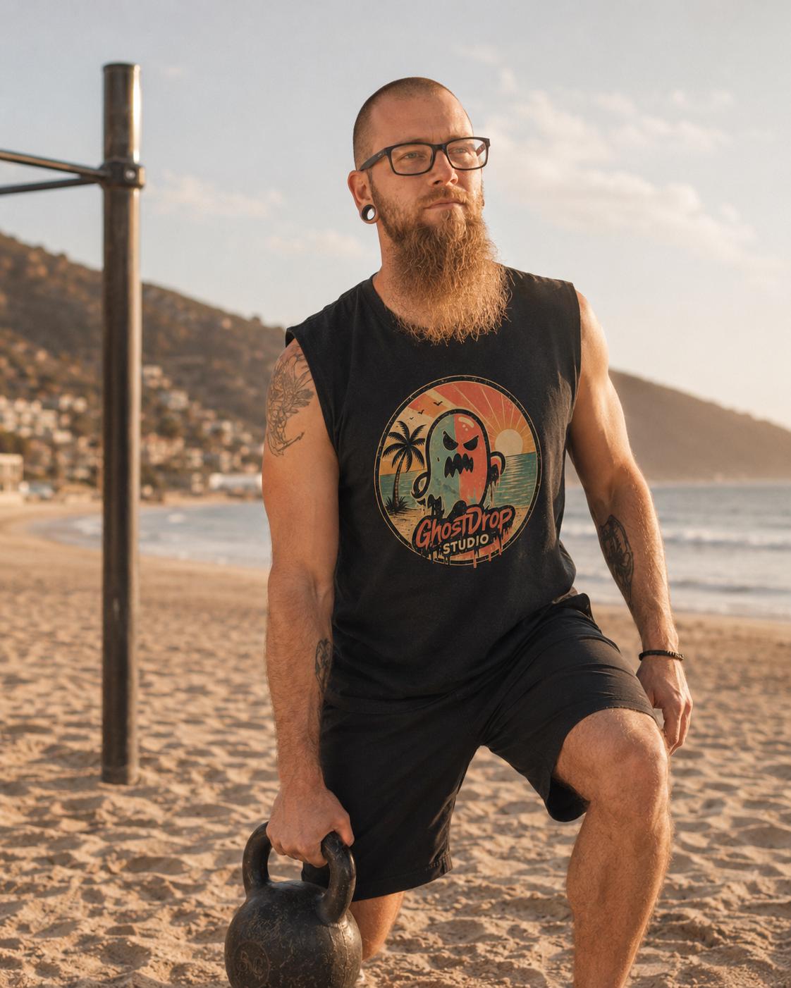 Spooky Beach Tank Top, Retro Ghost Muscle Shirt, Summerween Shirt, Halloween Vacation Tank, GhostDrop Studio Tee, product image 11