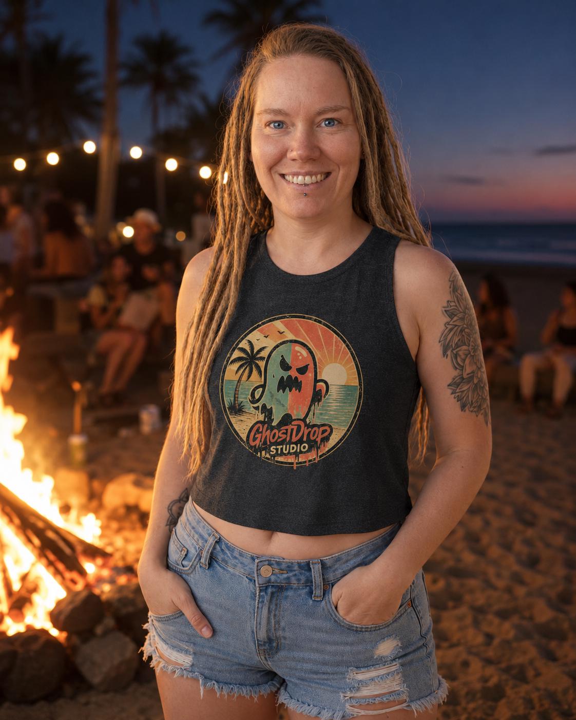 Women's Crop Top Summerween Crop Tank, Spooky Beach Tank Top, Retro Ghost Shirt, Halloween Vacation Tee, GhostDrop Studio Summer Shirt, product image 3