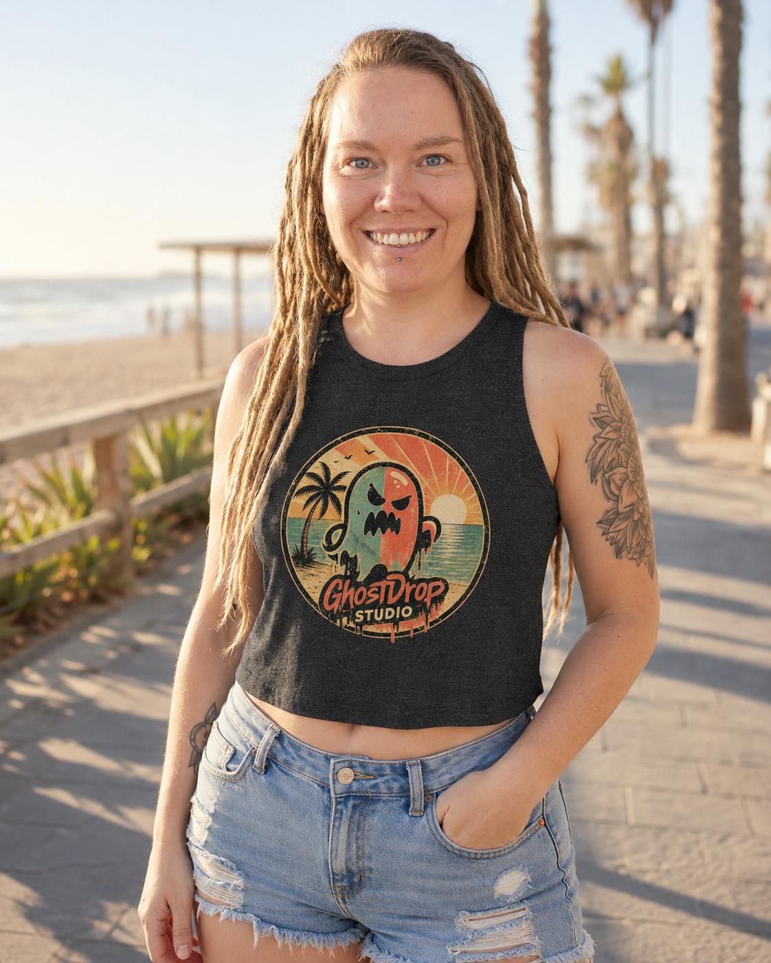 Women's Crop Top Summerween Crop Tank, Spooky Beach Tank Top, Retro Ghost Shirt, Halloween Vacation Tee, GhostDrop Studio Summer Shirt, product image 4