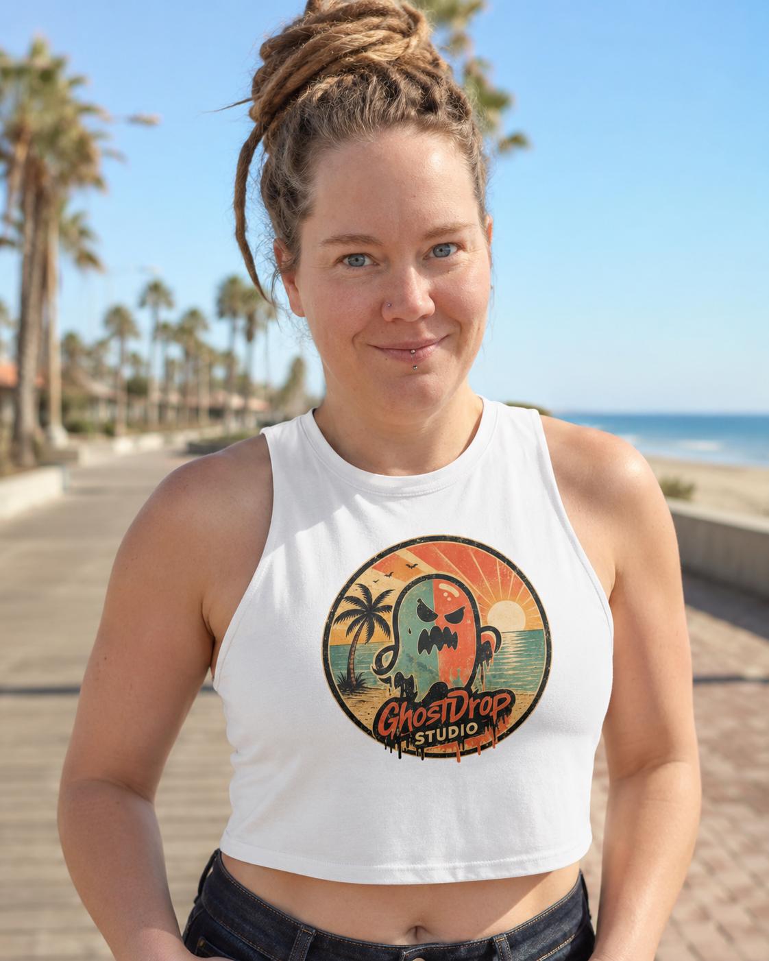 Women's Crop Top Summerween Crop Tank, Spooky Beach Tank Top, Retro Ghost Shirt, Halloween Vacation Tee, GhostDrop Studio Summer Shirt, product image 9