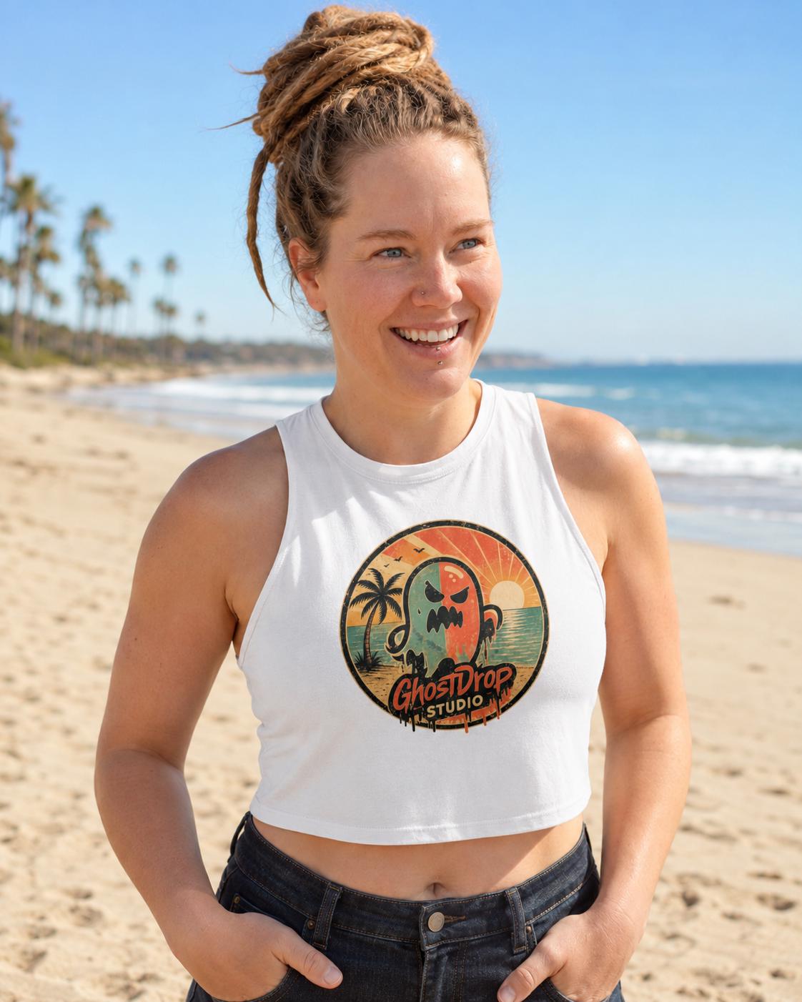 Women's Crop Top Summerween Crop Tank, Spooky Beach Tank Top, Retro Ghost Shirt, Halloween Vacation Tee, GhostDrop Studio Summer Shirt, product image 11