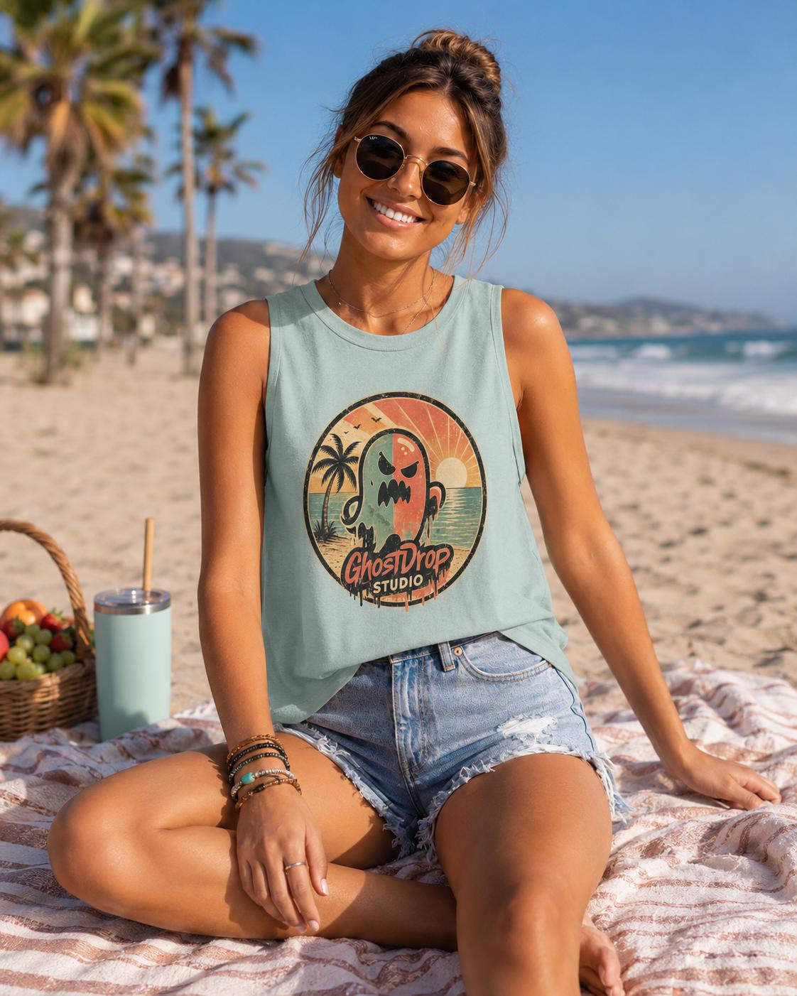 Women's Crop Top Summerween Crop Tank, Spooky Beach Tank Top, Retro Ghost Shirt, Halloween Vacation Tee, GhostDrop Studio Summer Shirt, product image 13