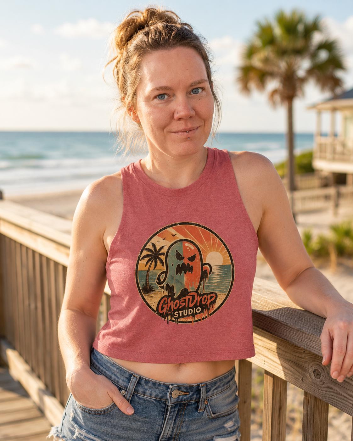 Women's Crop Top Summerween Crop Tank, Spooky Beach Tank Top, Retro Ghost Shirt, Halloween Vacation Tee, GhostDrop Studio Summer Shirt, product image 15