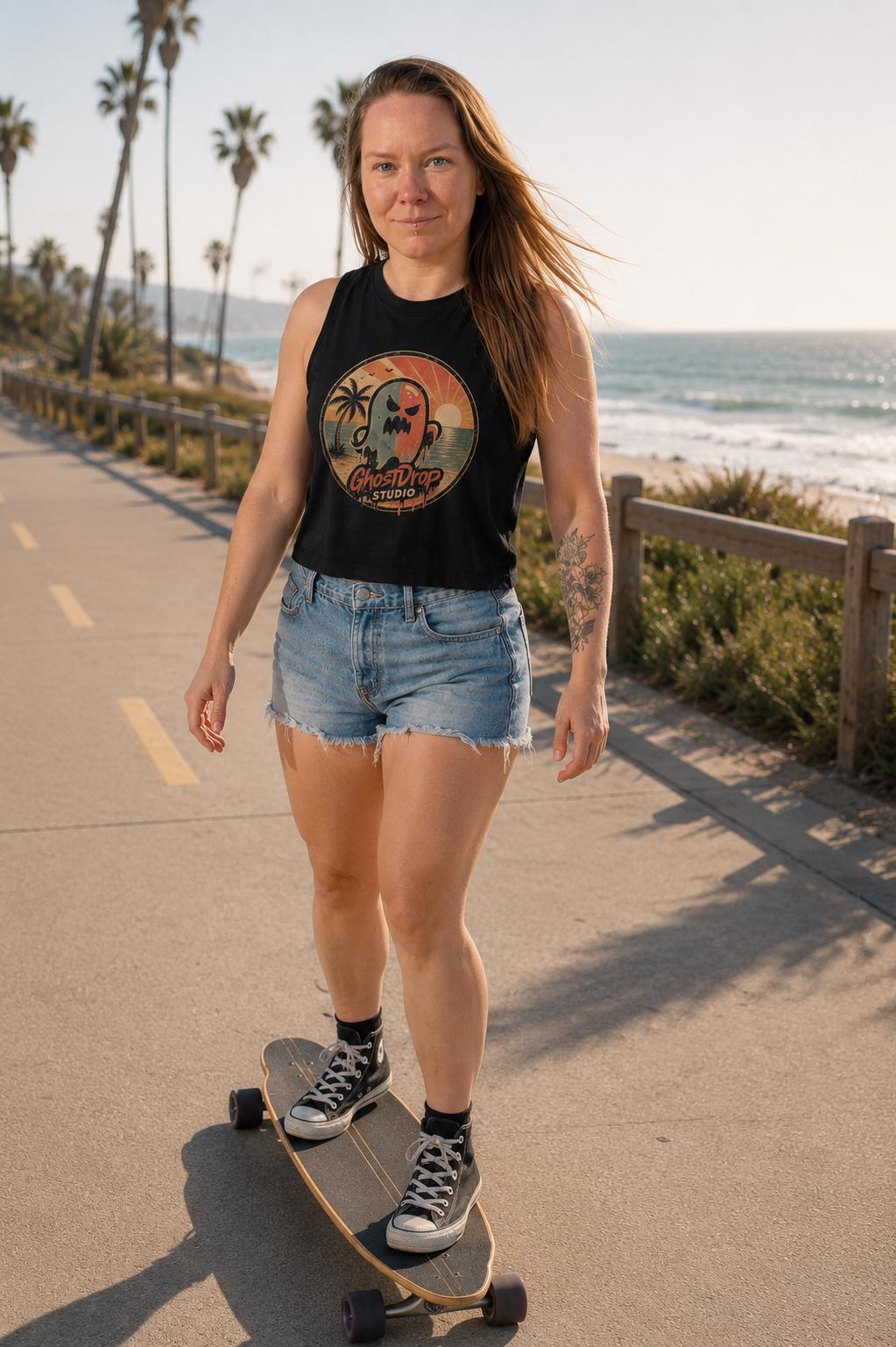 Women's Crop Top Summerween Crop Tank, Spooky Beach Tank Top, Retro Ghost Shirt, Halloween Vacation Tee, GhostDrop Studio Summer Shirt, product image 20