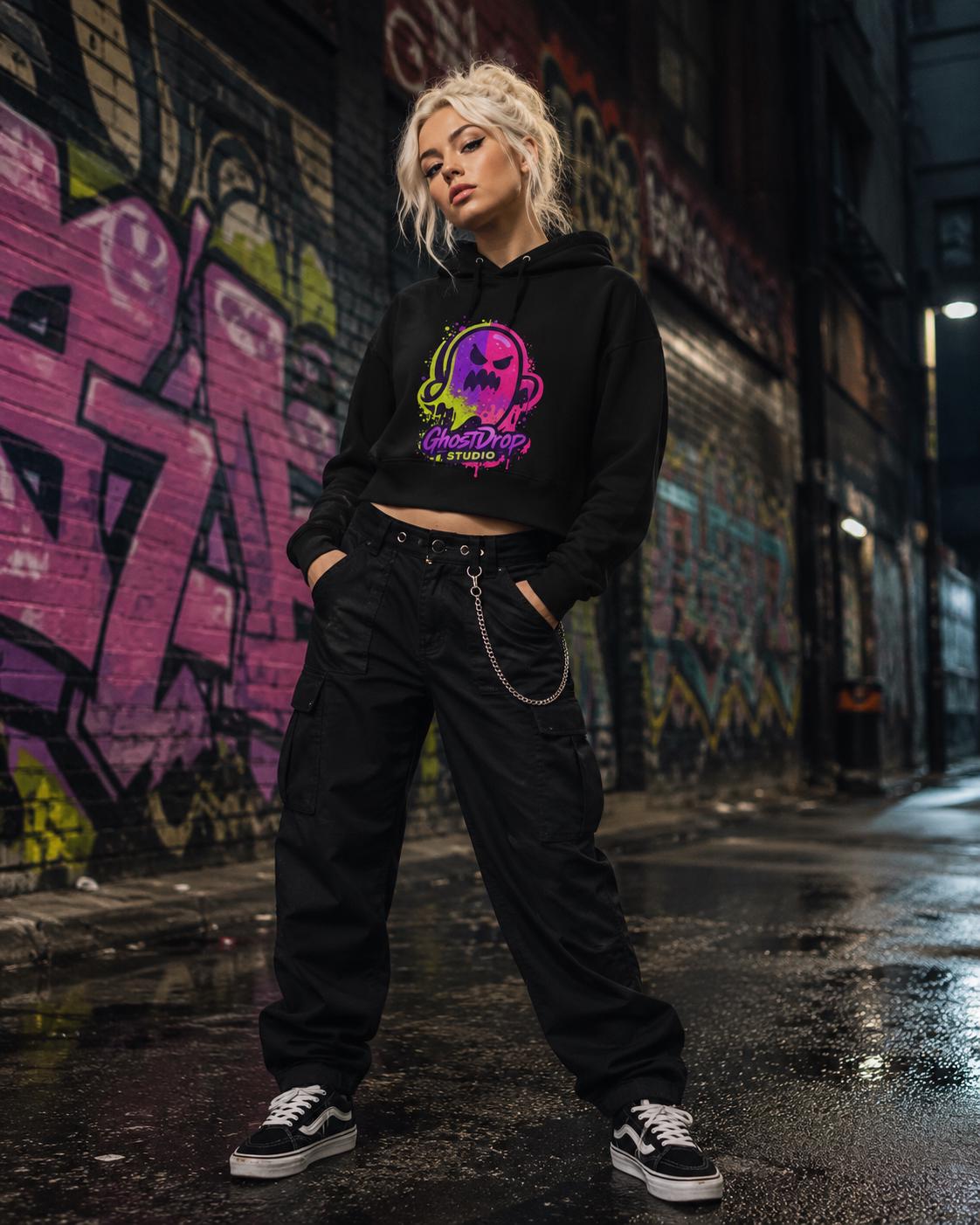 Black crop skater hoodie, Alt streetwear, Skater hoodie, Goth punk hoodie, Urban streetwear, Neon graphic crop hoodie, Goth crop hoodie, product image 2