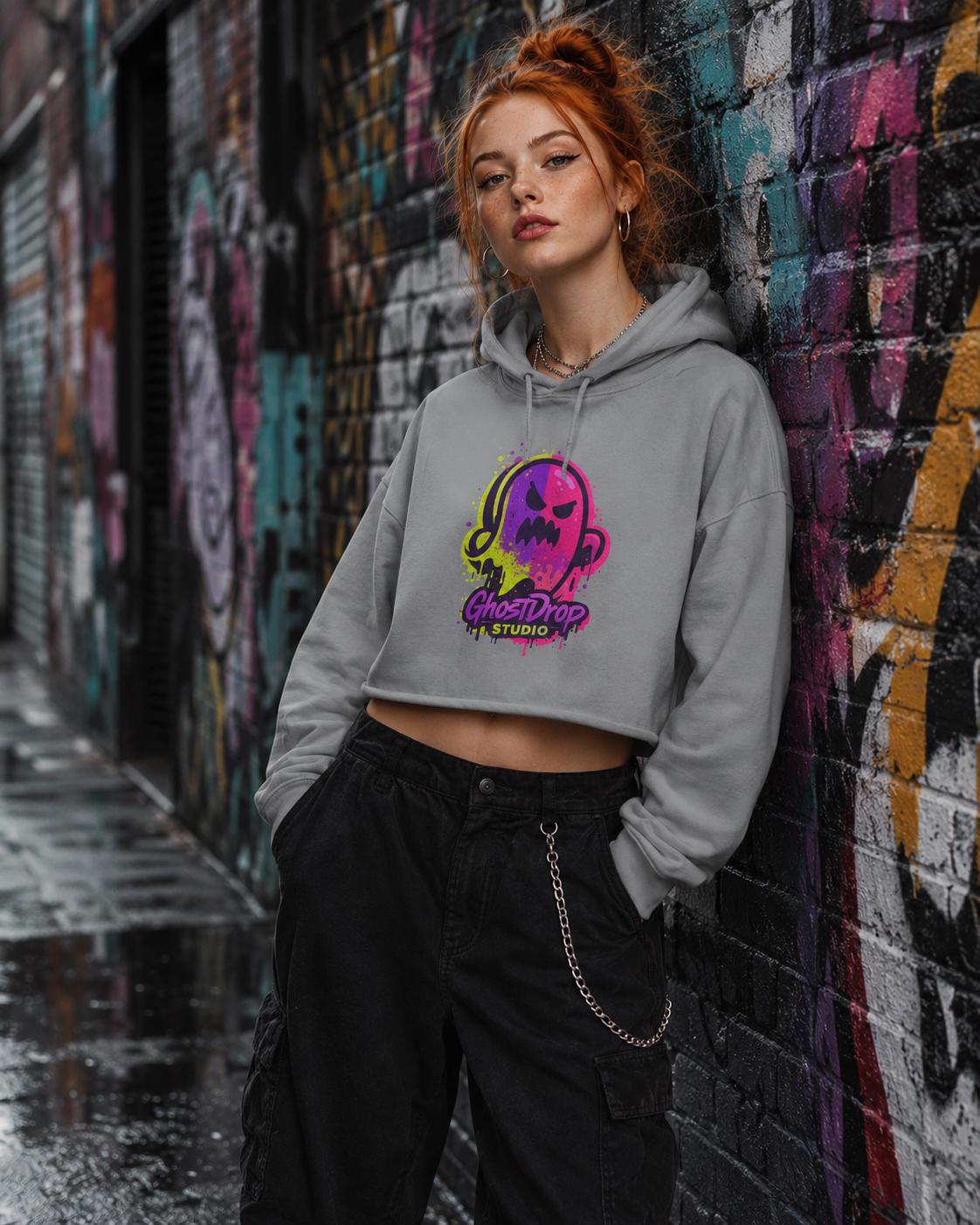 Black crop skater hoodie, Alt streetwear, Skater hoodie, Goth punk hoodie, Urban streetwear, Neon graphic crop hoodie, Goth crop hoodie, product image 3