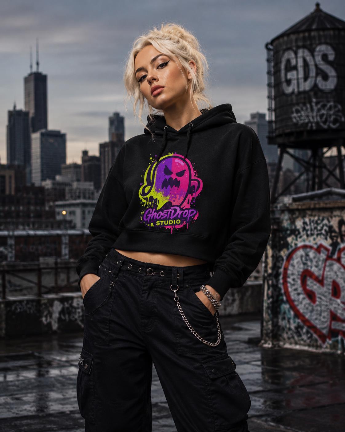 Black crop skater hoodie, Alt streetwear, Skater hoodie, Goth punk hoodie, Urban streetwear, Neon graphic crop hoodie, Goth crop hoodie, product image 4