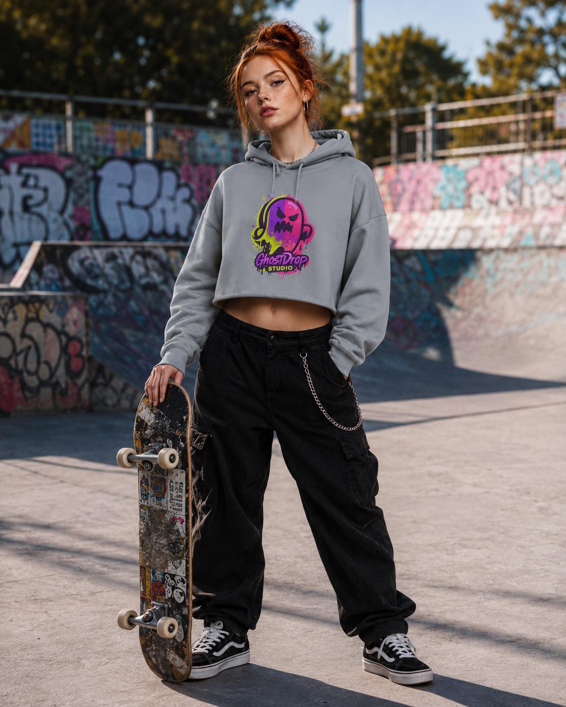 Black crop skater hoodie, Alt streetwear, Skater hoodie, Goth punk hoodie, Urban streetwear, Neon graphic crop hoodie, Goth crop hoodie, product image 5