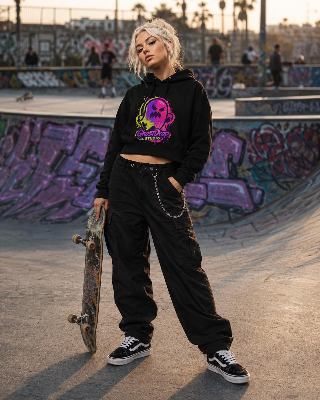 Black crop skater hoodie, Alt streetwear, Skater hoodie, Goth punk hoodie, Urban streetwear, Neon graphic crop hoodie, Goth crop hoodie, product image 6