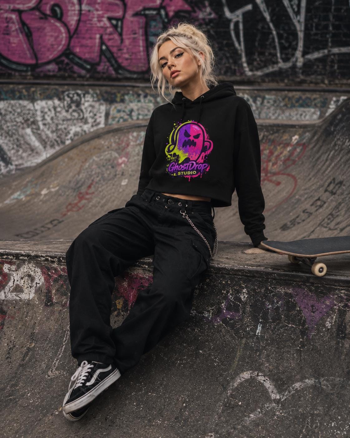 Black crop skater hoodie, Alt streetwear, Skater hoodie, Goth punk hoodie, Urban streetwear, Neon graphic crop hoodie, Goth crop hoodie, product image 7
