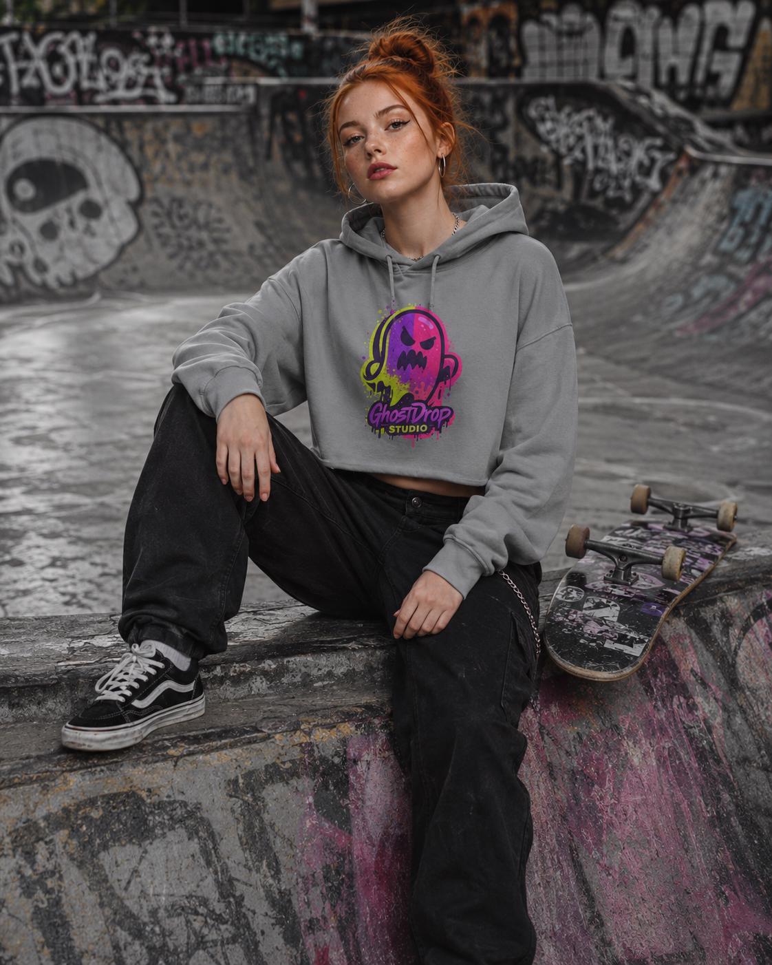Black crop skater hoodie, Alt streetwear, Skater hoodie, Goth punk hoodie, Urban streetwear, Neon graphic crop hoodie, Goth crop hoodie, product image 8