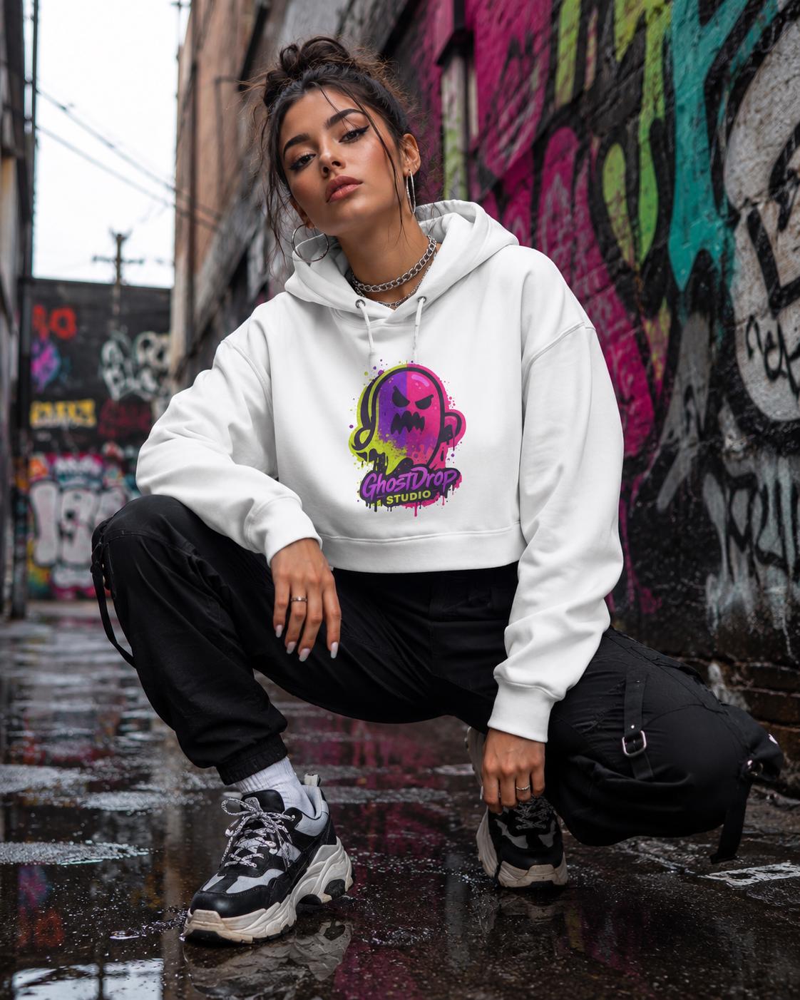 Black crop skater hoodie, Alt streetwear, Skater hoodie, Goth punk hoodie, Urban streetwear, Neon graphic crop hoodie, Goth crop hoodie, product image 9