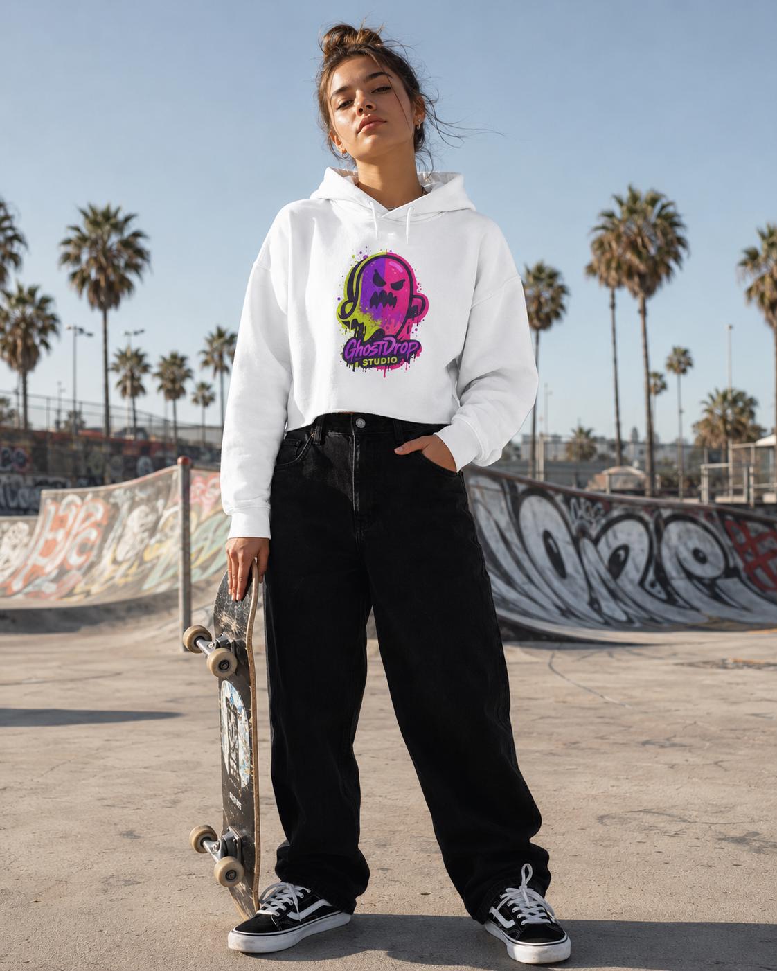 Black crop skater hoodie, Alt streetwear, Skater hoodie, Goth punk hoodie, Urban streetwear, Neon graphic crop hoodie, Goth crop hoodie, product image 10