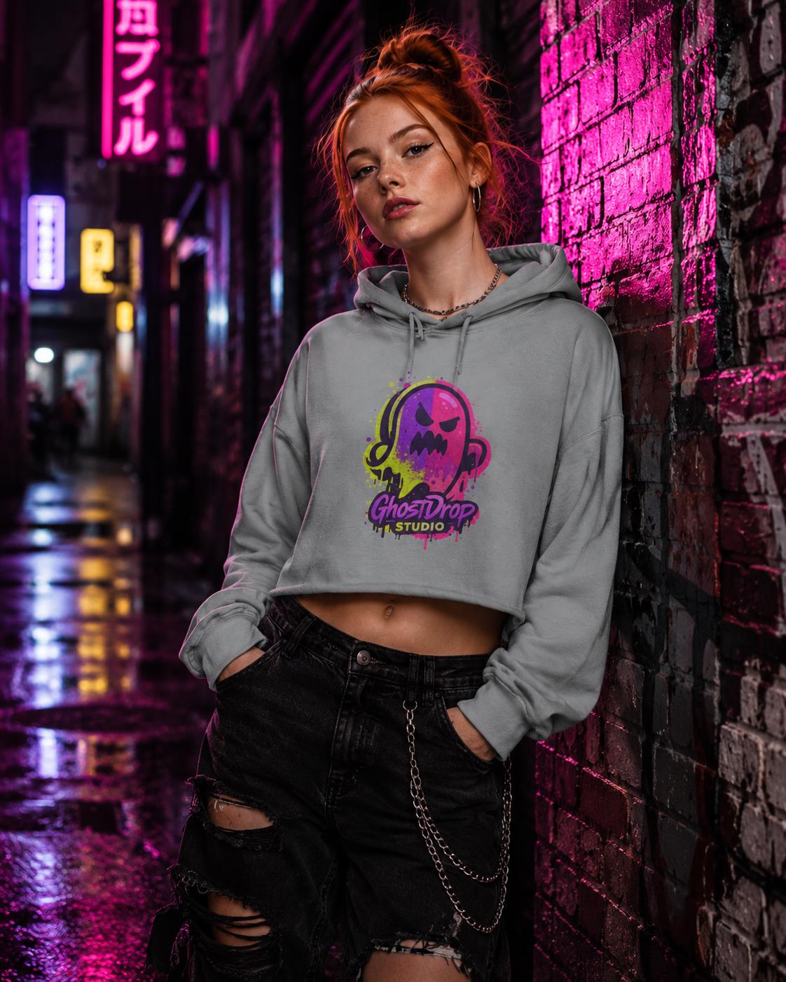Black crop skater hoodie, Alt streetwear, Skater hoodie, Goth punk hoodie, Urban streetwear, Neon graphic crop hoodie, Goth crop hoodie, product image 11
