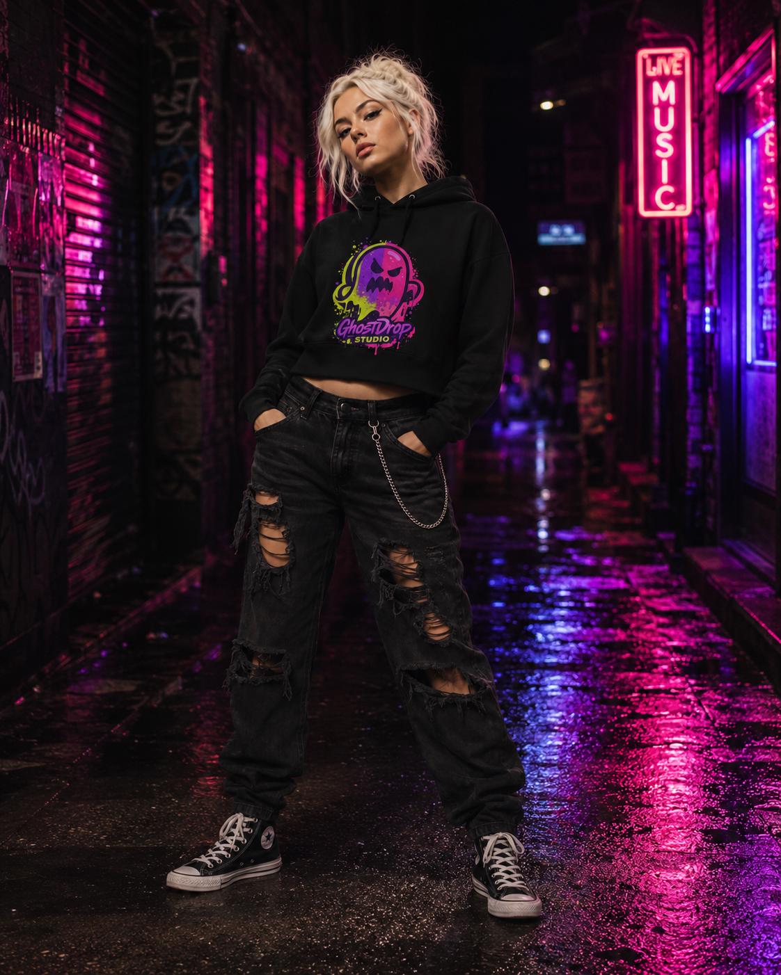 Black crop skater hoodie, Alt streetwear, Skater hoodie, Goth punk hoodie, Urban streetwear, Neon graphic crop hoodie, Goth crop hoodie, product image 12