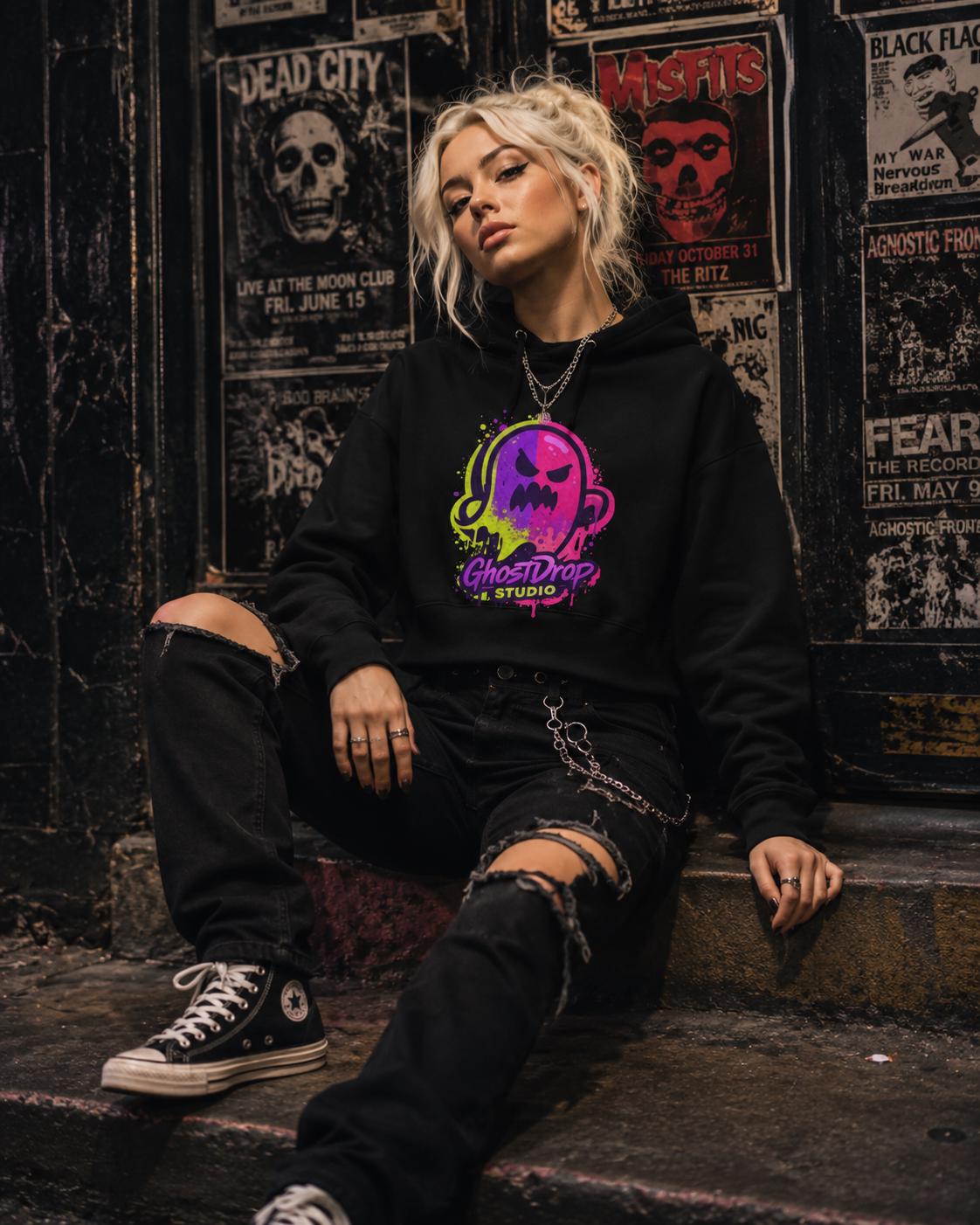 Black crop skater hoodie, Alt streetwear, Skater hoodie, Goth punk hoodie, Urban streetwear, Neon graphic crop hoodie, Goth crop hoodie, product image 13
