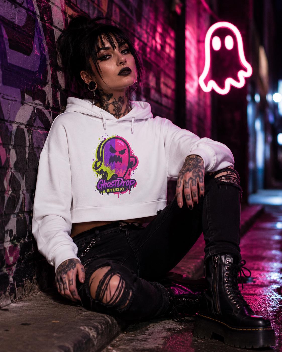 Black crop skater hoodie, Alt streetwear, Skater hoodie, Goth punk hoodie, Urban streetwear, Neon graphic crop hoodie, Goth crop hoodie, product image 15