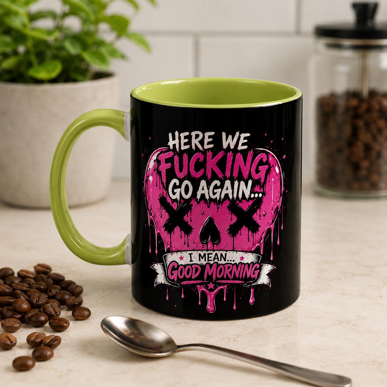 Here We Fucking Go Again Coffee Mug/Funny Morning Mug/Goth Coffee Cup/Sarcastic Gift/ Pink Skull Heart Mug/Alternative Aesthetic Drinkware