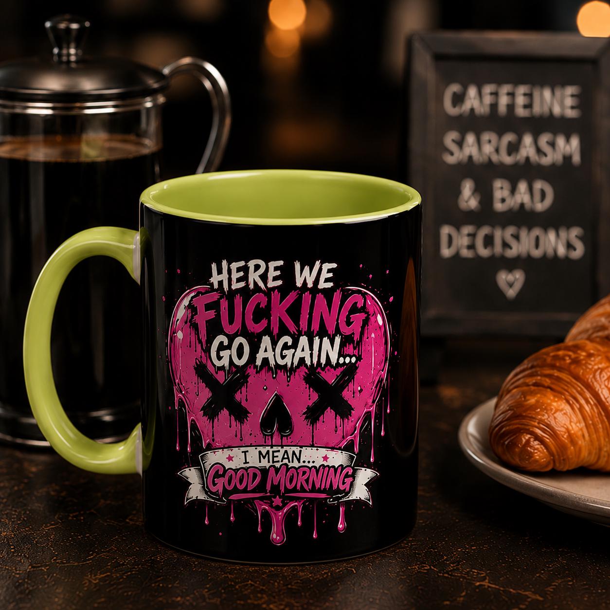 Here We Fucking Go Again Coffee Mug/Funny Morning Mug/Goth Coffee Cup/Sarcastic Gift/ Pink Skull Heart Mug/Alternative Aesthetic Drinkware, product image 2