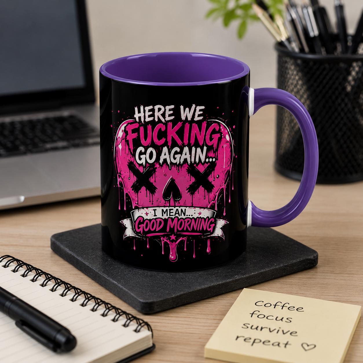 Here We Fucking Go Again Coffee Mug/Funny Morning Mug/Goth Coffee Cup/Sarcastic Gift/ Pink Skull Heart Mug/Alternative Aesthetic Drinkware, product image 5