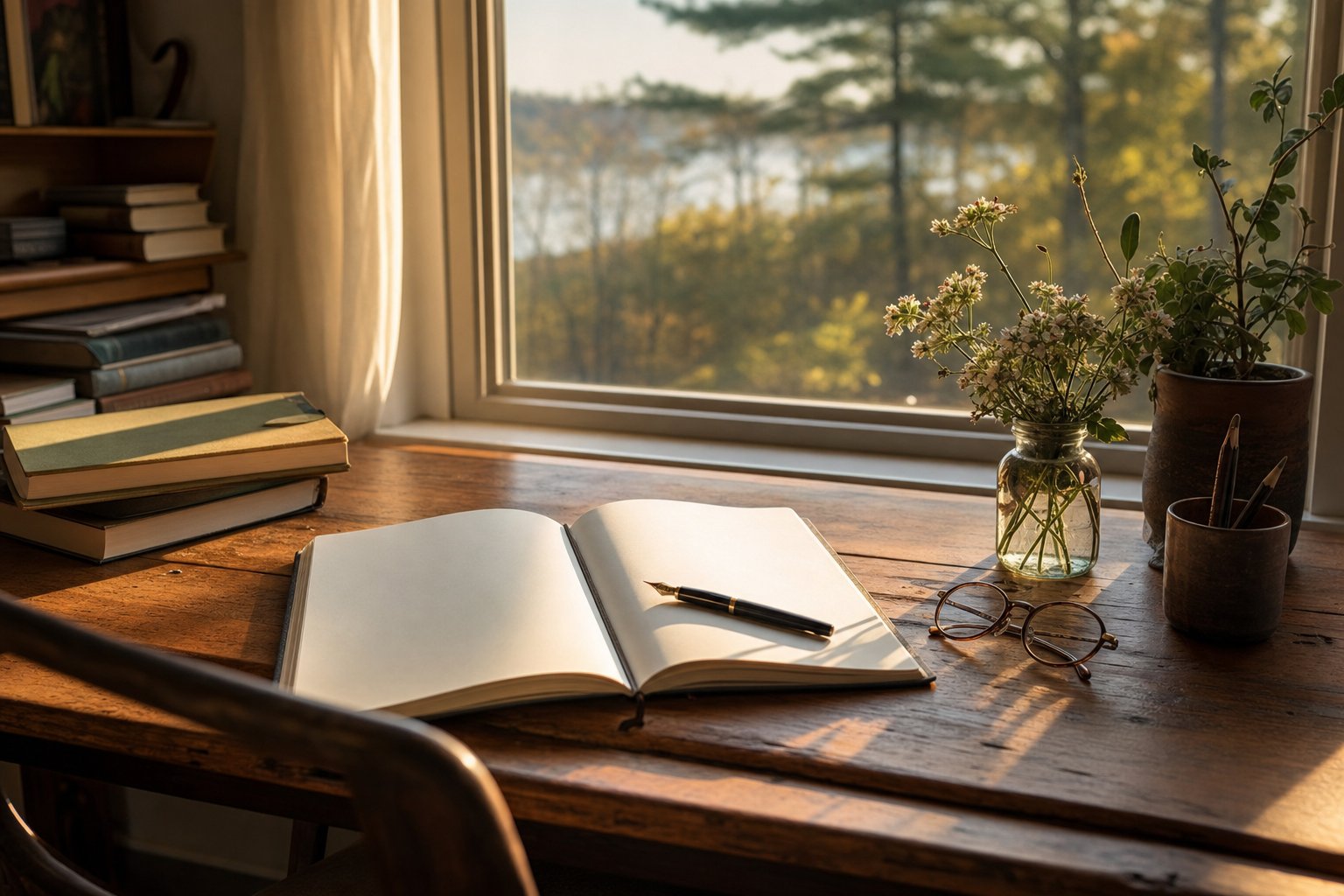 An open notebook and fountain pen on a sunlit writing desk