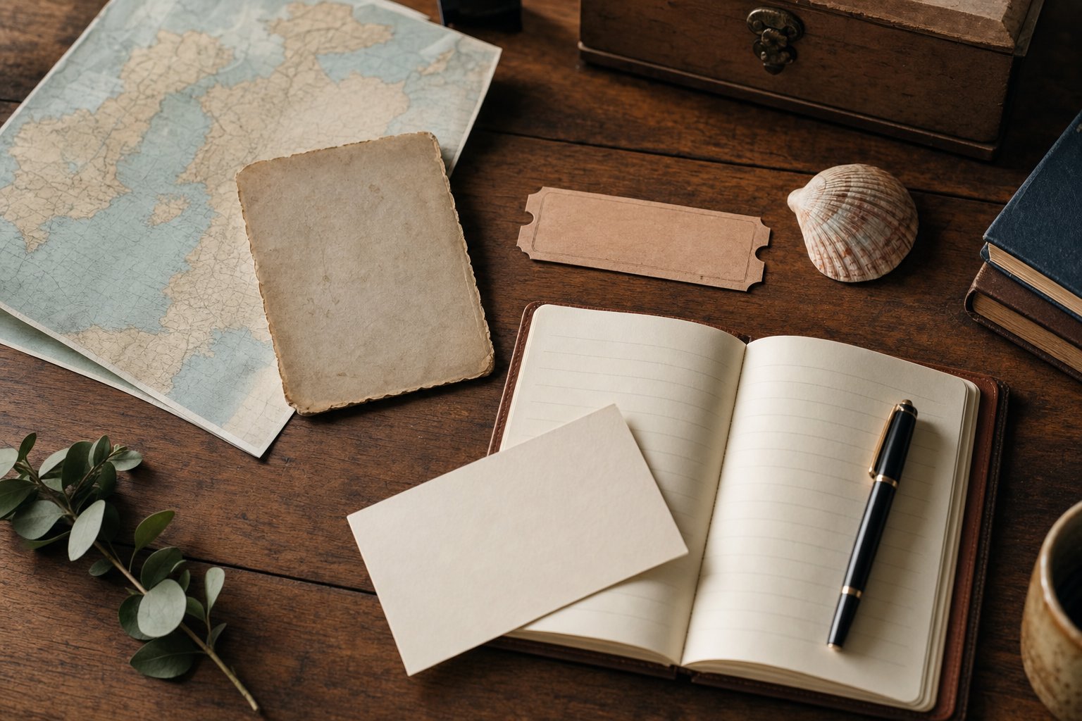 Memory objects, a map, and a blank notebook on a wooden table