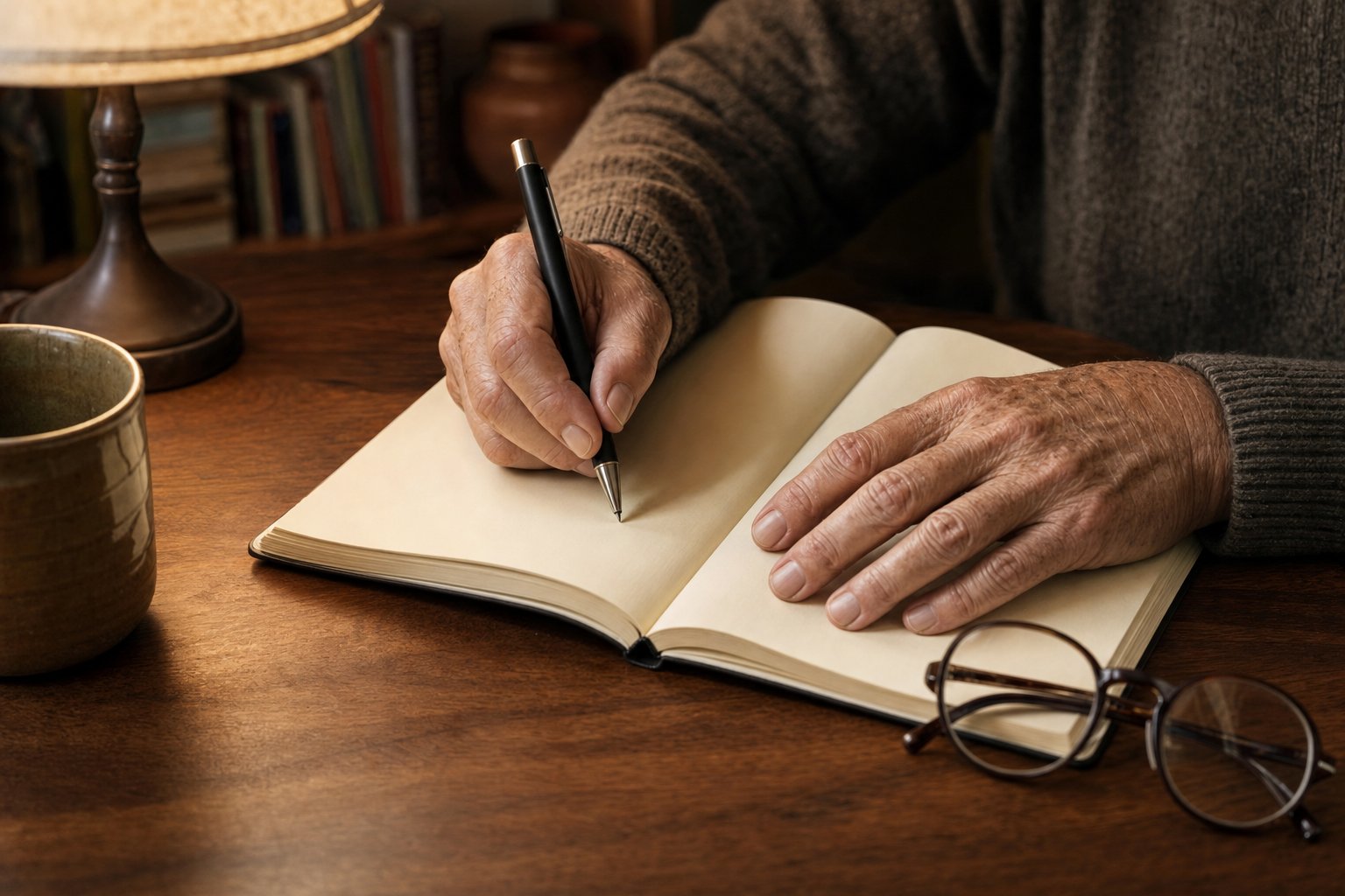 Older hands beginning to write in a notebook